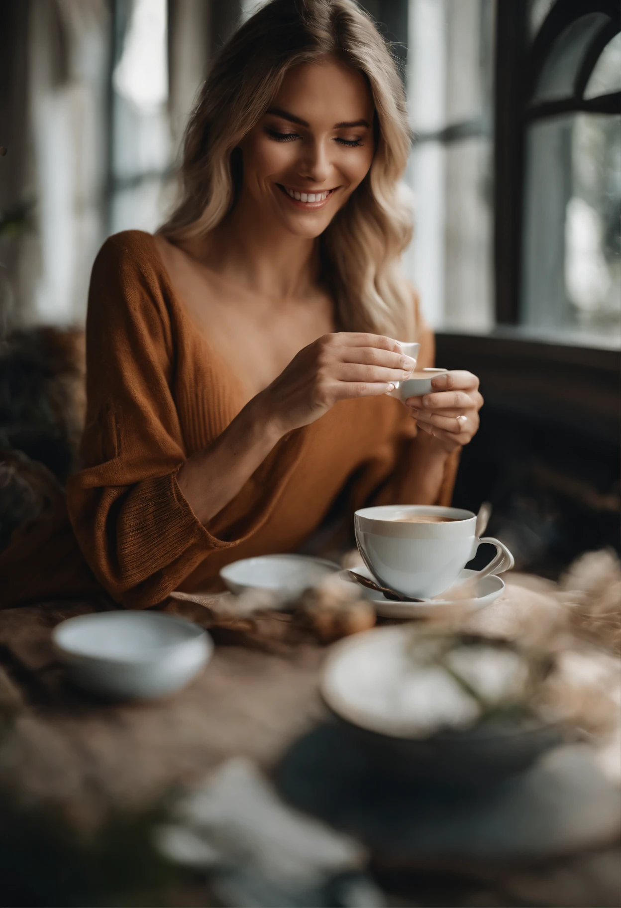 Professional full body photo, (Foto 4K:1.1) bis (Jeremy Lipking:0.3), (Dittmann Anna:0.3), (jiner:0.3), (Scharfer Fokus:1.3), Hohe Detailgenauigkeit, He is holding a cup of coffee in his smiling hand, blondes Haar, Pose des Instagram-Models, sicher, fit girl, skinny girl, small boobs:1.2, Perfekte Anatomie, Perfekte Symmetrie:1.2, Realistisch, Realistisches Gesicht:1.2, Perfektes Gesicht, Inhalt, sicher, sehr detailliert, und Drama, Beleuchtung filmisch, Lichtszene, Weiches Licht