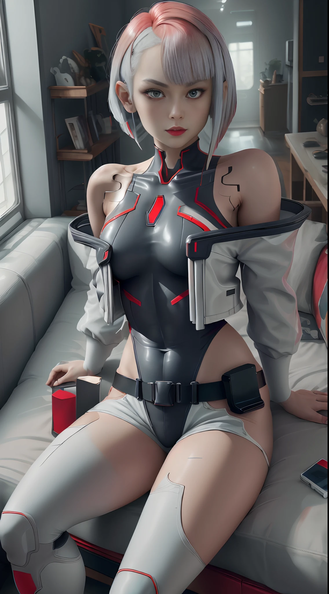 masterpiece, best quality, highres, lu1, cyborg, whiter e red hair, makeup, bare shoulders, black leotard, highleg leotard, (thong:1.1), white jacket, open jacket, belt, shorts, (in NESStyle:1.2), lying on red sofa, white room, well lit