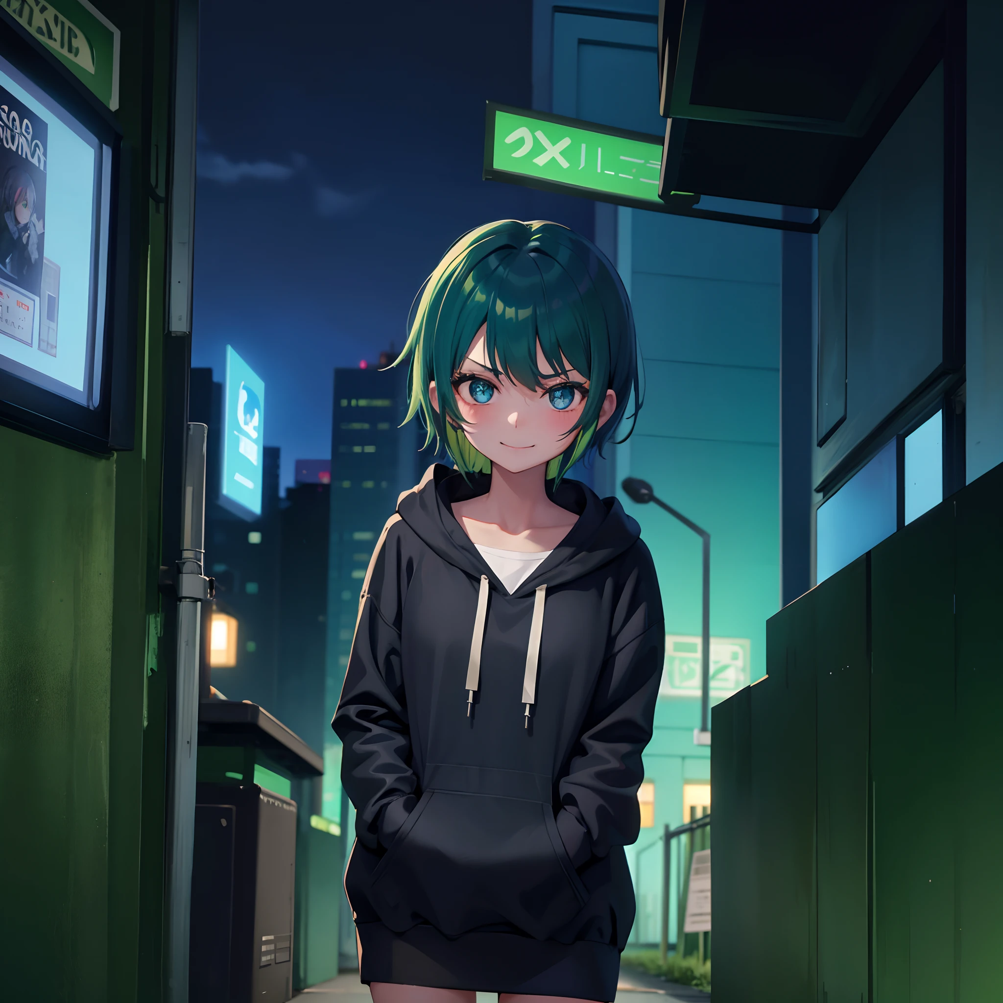 ,girl with,Green hair,Black hoodie,blue eyess,Mischievous,a smile,hands in the pocket,natta,Street,blue lights,short-hair,with blush cheeks