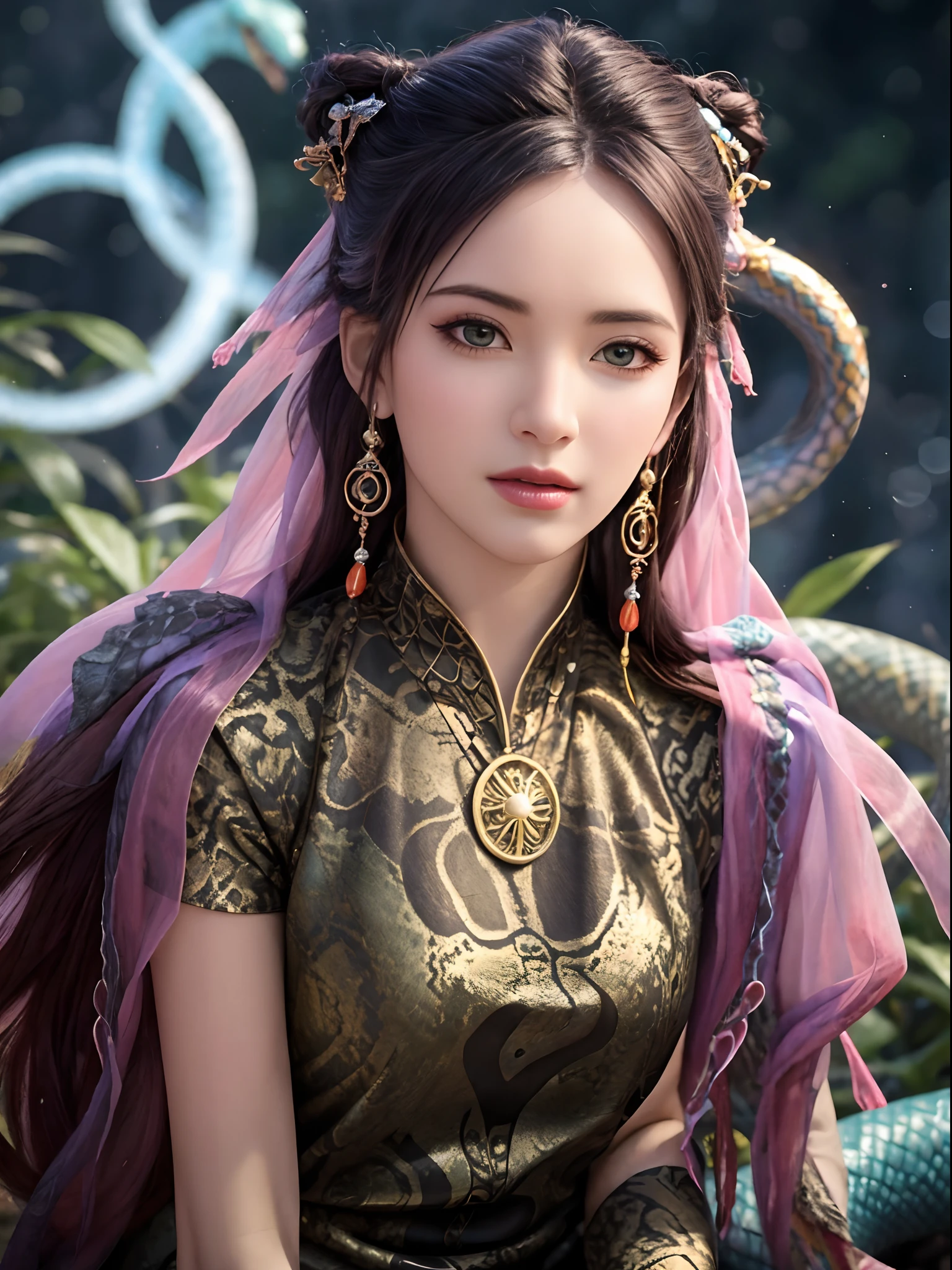 (best quality,4k,8k,highres,masterpiece:1.2),ultra-detailed,(realistic,photorealistic,photo-realistic:1.37),snake woman hybrid,beautiful detailed eyes,beautiful detailed lips,extremely detailed eyes and face,long eyelashes,scales covering the body,slithering movement,serpentine lower body,elegant and graceful posture,mesmerizing gaze,curved fangs,exotic and mesmerizing beauty,dark and mysterious aura,mythical creature,creature of legends,ethereal and otherworldly,iridescent scales,cold-blooded charm,shimmering patterns,alluring skin texture,enchanted forest background,serpent-like hair,seamless integration of woman and snake,secrets of the serpent world,elusive and enigmatic,serpent's hypnotic dance,charmingly dangerous,duality of femininity and serpentine power,wisdom and temptation,beautifully venomous,exotic flora and fauna intertwined,undulating motion,dynamic composition,artistically surreal,unleashing hidden powers,transformation and metamorphosis,unconventional beauty,unique and captivating,meticulously crafted masterpiece,awe-inspiring presence,vivid colors,soft and diffused lighting,impeccable attention to detail