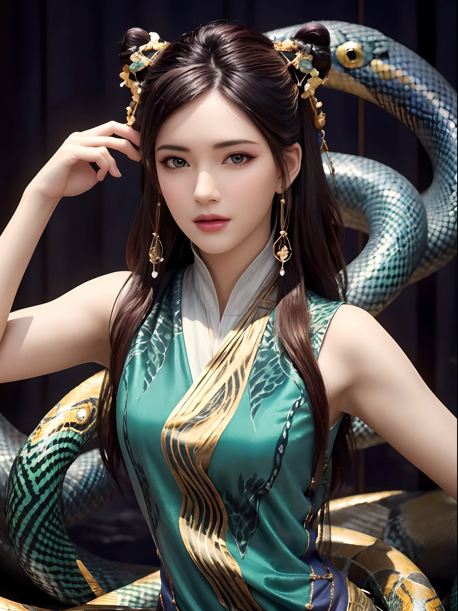 (best quality,4k,8k,highres,masterpiece:1.2),ultra-detailed,(realistic,photorealistic,photo-realistic:1.37),snake woman hybrid,beautiful detailed eyes,beautiful detailed lips,extremely detailed eyes and face,long eyelashes,scales covering the body,slithering movement,serpentine lower body,elegant and graceful posture,mesmerizing gaze,curved fangs,exotic and mesmerizing beauty,dark and mysterious aura,mythical creature,creature of legends,ethereal and otherworldly,iridescent scales,cold-blooded charm,shimmering patterns,alluring skin texture,enchanted forest background,serpent-like hair,seamless integration of woman and snake,secrets of the serpent world,elusive and enigmatic,serpent's hypnotic dance,charmingly dangerous,duality of femininity and serpentine power,wisdom and temptation,beautifully venomous,exotic flora and fauna intertwined,undulating motion,dynamic composition,artistically surreal,unleashing hidden powers,transformation and metamorphosis,unconventional beauty,unique and captivating,meticulously crafted masterpiece,awe-inspiring presence,vivid colors,soft and diffused lighting,impeccable attention to detail