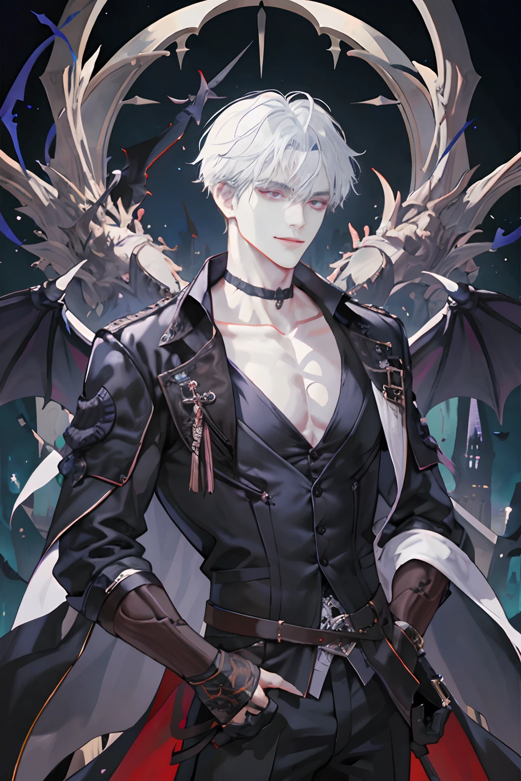 (masterpiece,high resolution,Super detailed:1.0),(1 boy,young people:1.3),(perfect male figure),(Male puppy),Show chest and collarbone, Delicate eyes and delicate face,Extremely detailed CG,Unity 8K Wallpaper,intricate details,Smile,devil horns,Back to light source,The eyes glow purple,Demon Wings,(一个诱人的Smile), alone, Whole BodyEsbian, Detailed background, Detailed face, (Medieval Gothic theme:1.1), dynamic poses, (Sexy menswear, Sexy leather clothing, gothic clothing),medieval clothing, gloomy castle,castle background,a medieval castle,white hair、sportswear、Korean makeup