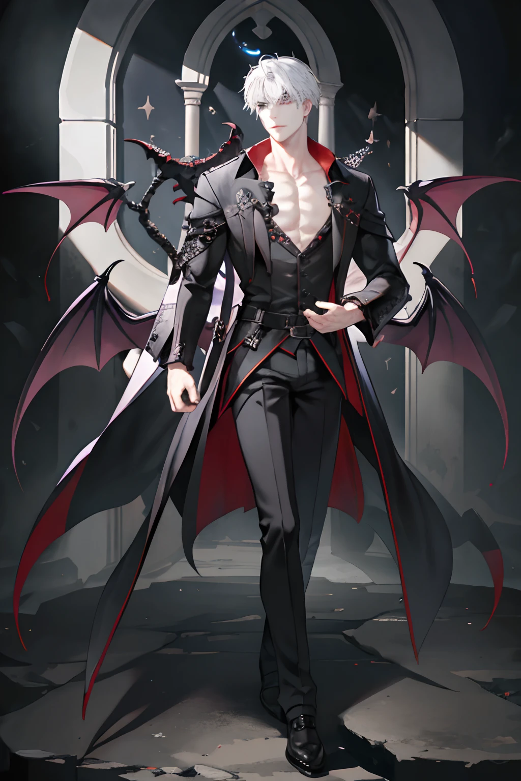 (tmasterpiece,hight resolution,ultra - detailed:1.0),(1 boy,Young men:1.3),(Perfect male body),(Male puppies),exposing the chest and collarbone, Delicate eyes and delicate face,extremely details CG,Unity 8k壁纸,intricate-detail,ssmile,demonic horns,Facing away from the light source,Eyes glowing purple,demonic wings,(A seductive smile), Solo, full body Esbian, Detailed background, Detailed face, (Medieval Gothic theme:1.1), Dynamic Pose, (Sexy Menswear, Sexy leather clothes, Gothic style clothing),medieval clothing, gloomy castle,Castle background,a medieval castle,white hair、sportrait、Korean style makeup