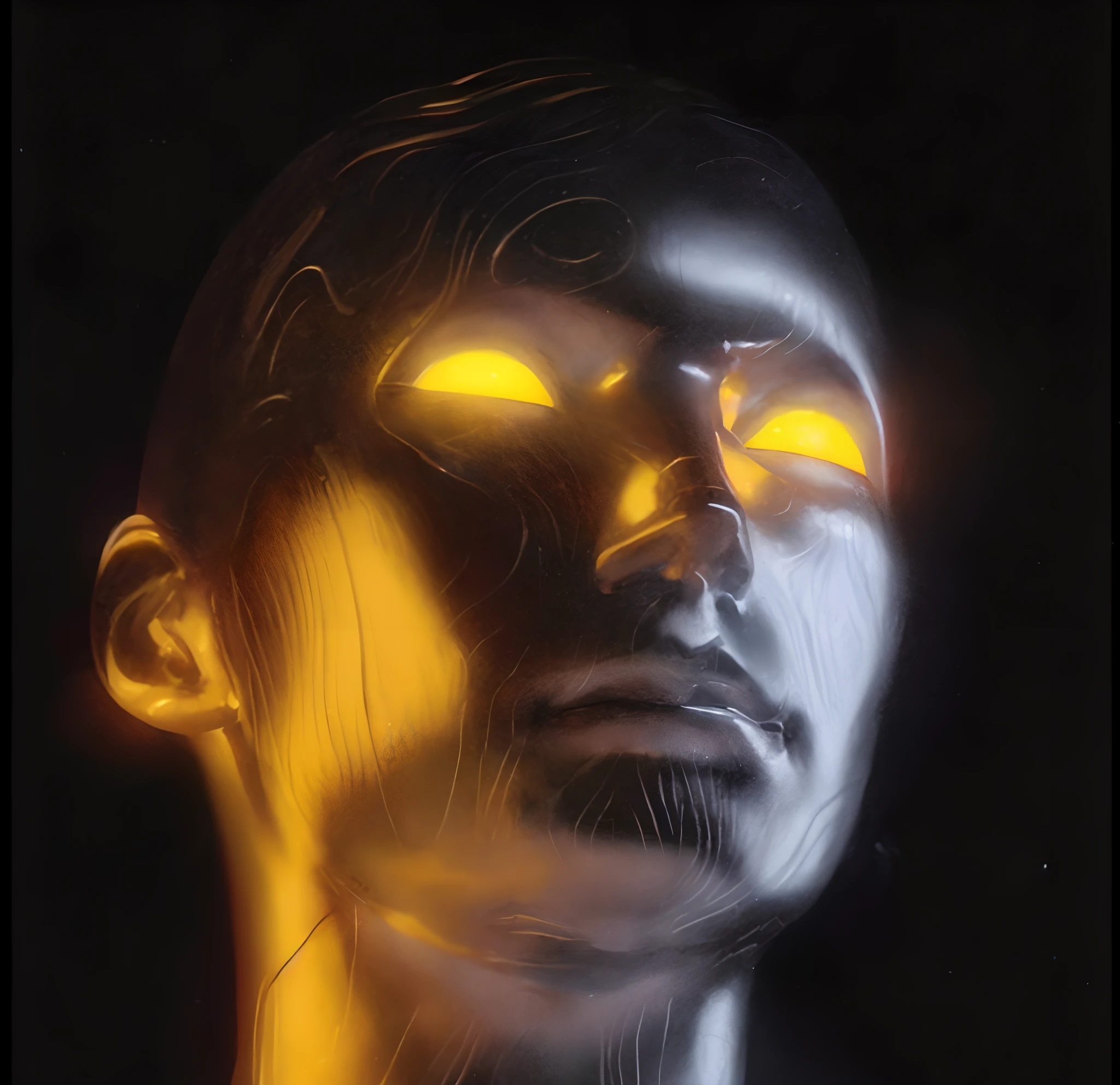 um close up do rosto de um homem com olhos brilhantes, detailed glowing head, rosto brilhante, rosto iluminado, metal e olhos brilhantes, rosto amarelo brilhante, sci-fi face, sci - cara de fi, bipe. hiper-realismoo, glowing head, realismo | bipe, brilho humano, Retrato de um androide, olhos amarelos do ciborgue
