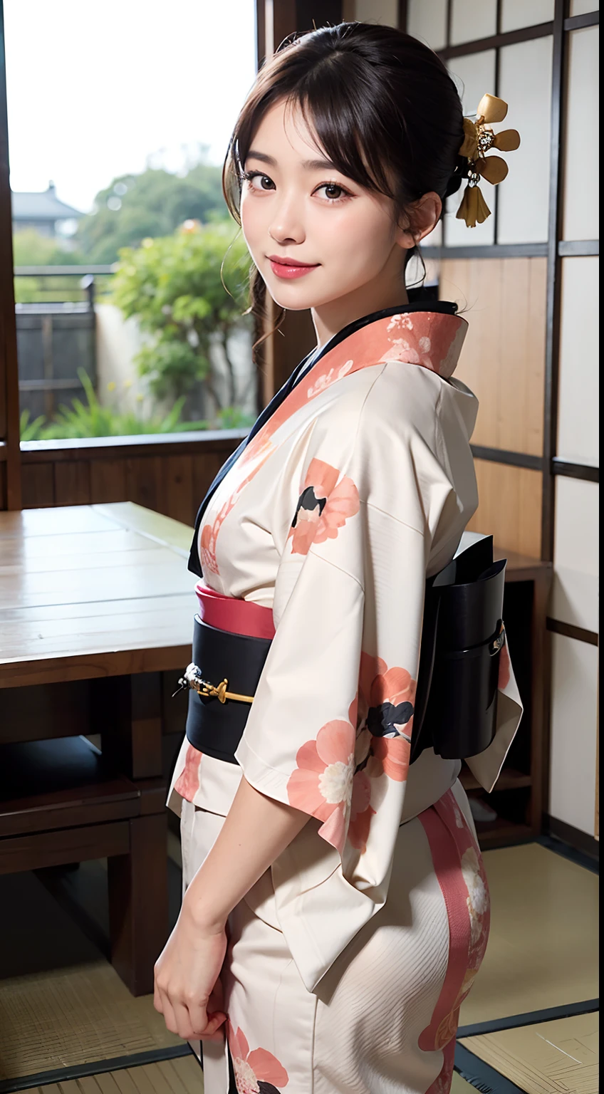 top-quality、facefocus、(depth of fields)、超A high resolution、(Photorealsitic:1.4)、Raw photography、traditional Japanese room、alcove、The dim、sscroll
(portlate:1.4)
1日本人の女の子, 独奏, kawaii, A smile, (Brown-eyed), Natural face, (Midi Hair),hair adornments
(Kimono:1.5)、
