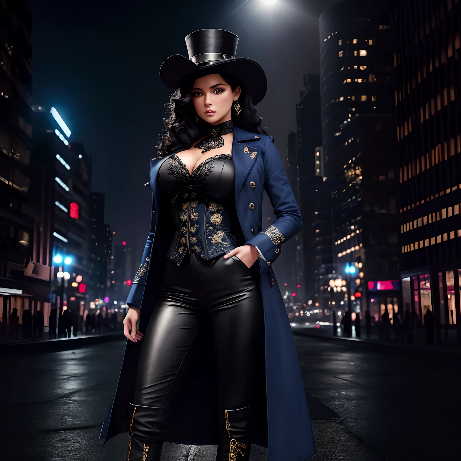 Model
LirielGirl (( 独奏)) with curly black hair , with face and body, like Anne Denise , Dressed in a navy blue top hat and a navy blue 18th-century embroidered double-breasted coat and black leather pants. , She stands at full height against the backdrop of the night city , Her boots and breasts are visible, like Lucy Pinder, Very detailed embroidery on the coat in the form of patterns , All coats are embroidered ,Very detailed embroidery on the sleeves ,  Front light.
