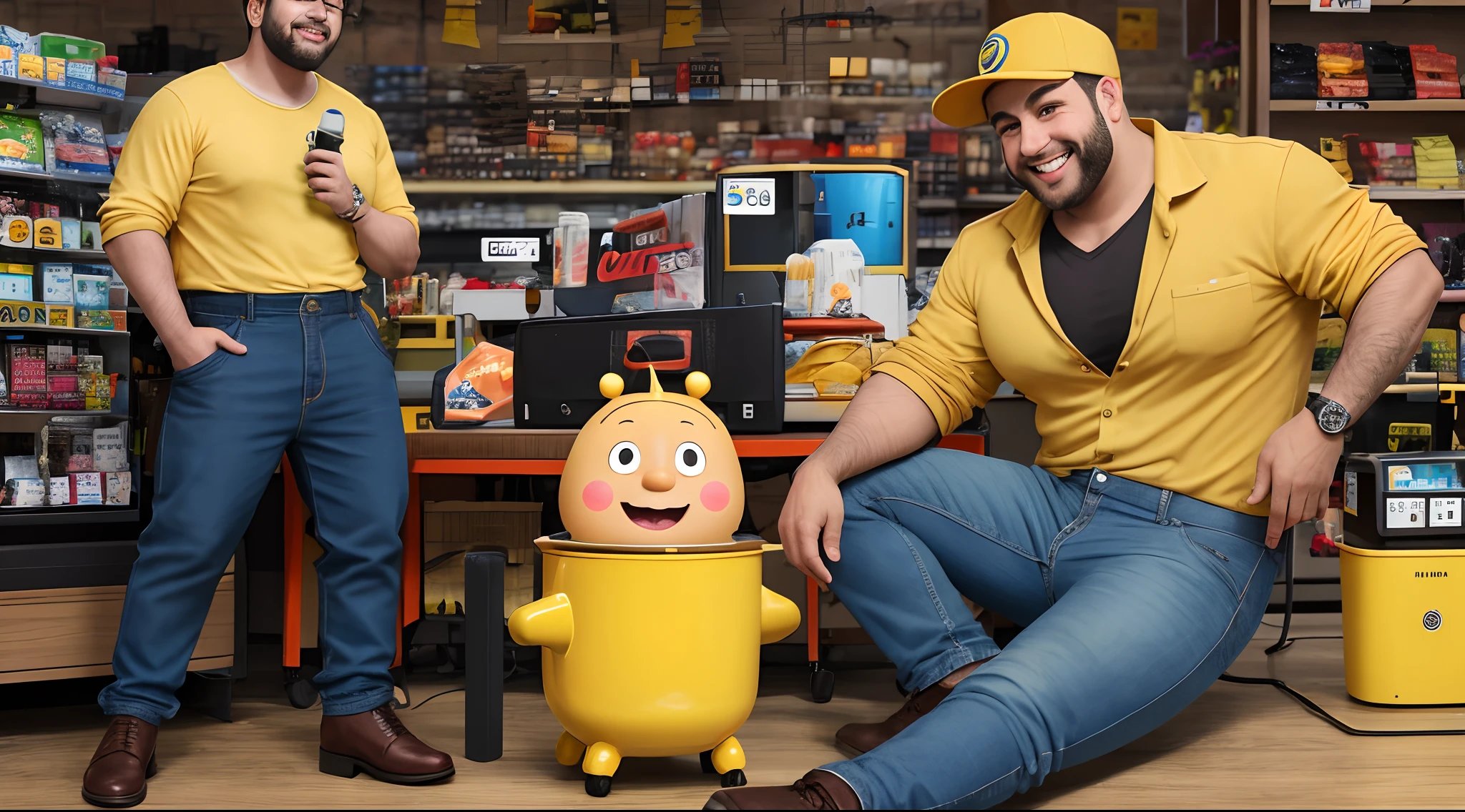 Cor de Pele: Amarelo
Cabelo: Careca, with two single spiky strands
Eyes: Big and buggy
Clothing: Camisa branca de manga curta, blue pants and a pair of worn-out brown shoes
Outstanding features: Um nariz proeminente e arredondado, um sorriso com dentes amarelos, orelhas grandes
Personalidade: Bob Juicer is a likable character, but clumsy, Known for his comedic situations and clumsiness. He works at an electronics store and is always causing funny troubles.
