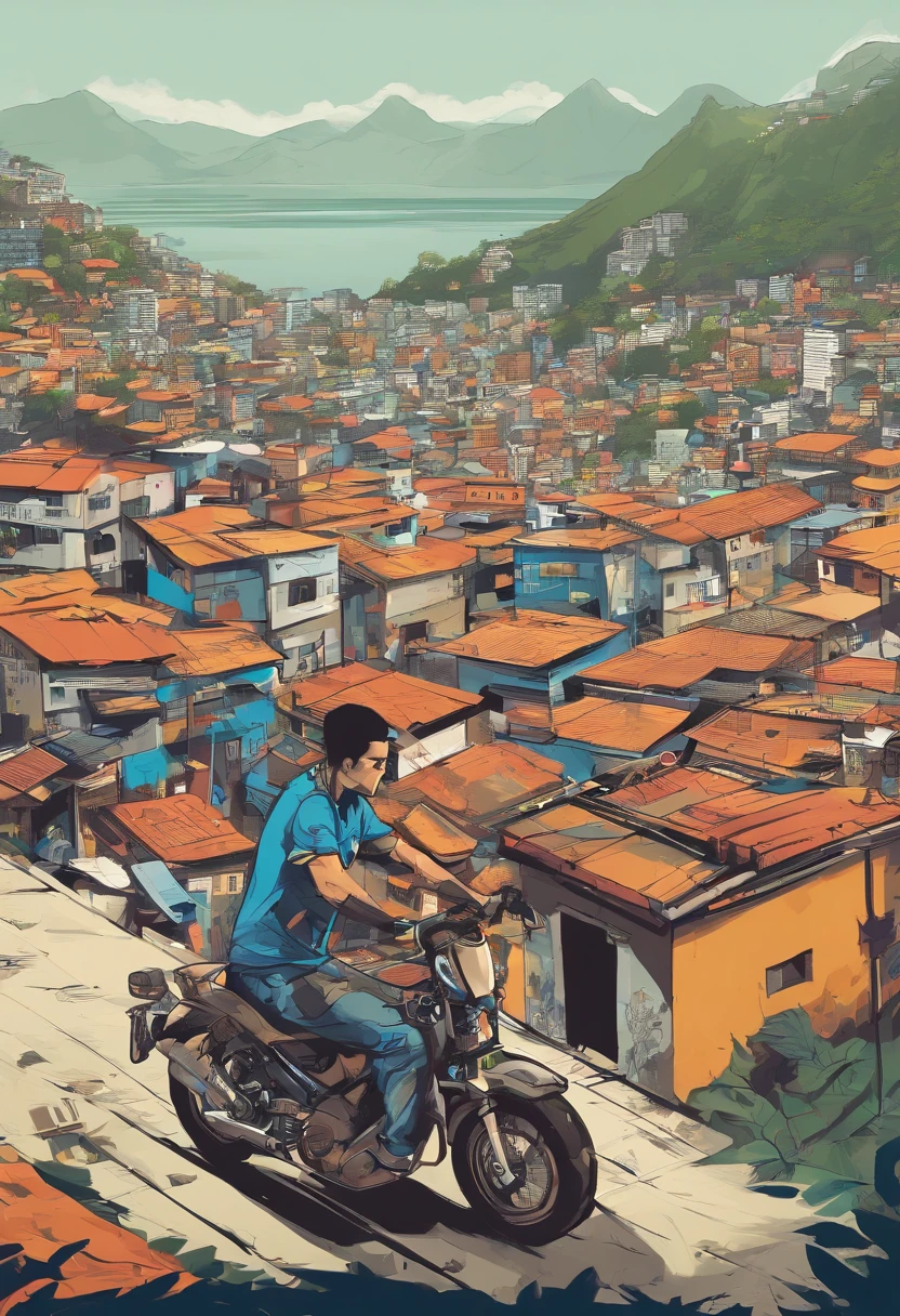um homem carioca, com o corpo tatuado, com a camisa do flamengo pilotando sua moto da marca honda XRE, elevando o pneu dianteiro, fazendo uma manobra. Ceu azul, mostrando em cima de um complexo de favela, Um beco grafitado na favela do rio de janeiro Brasil