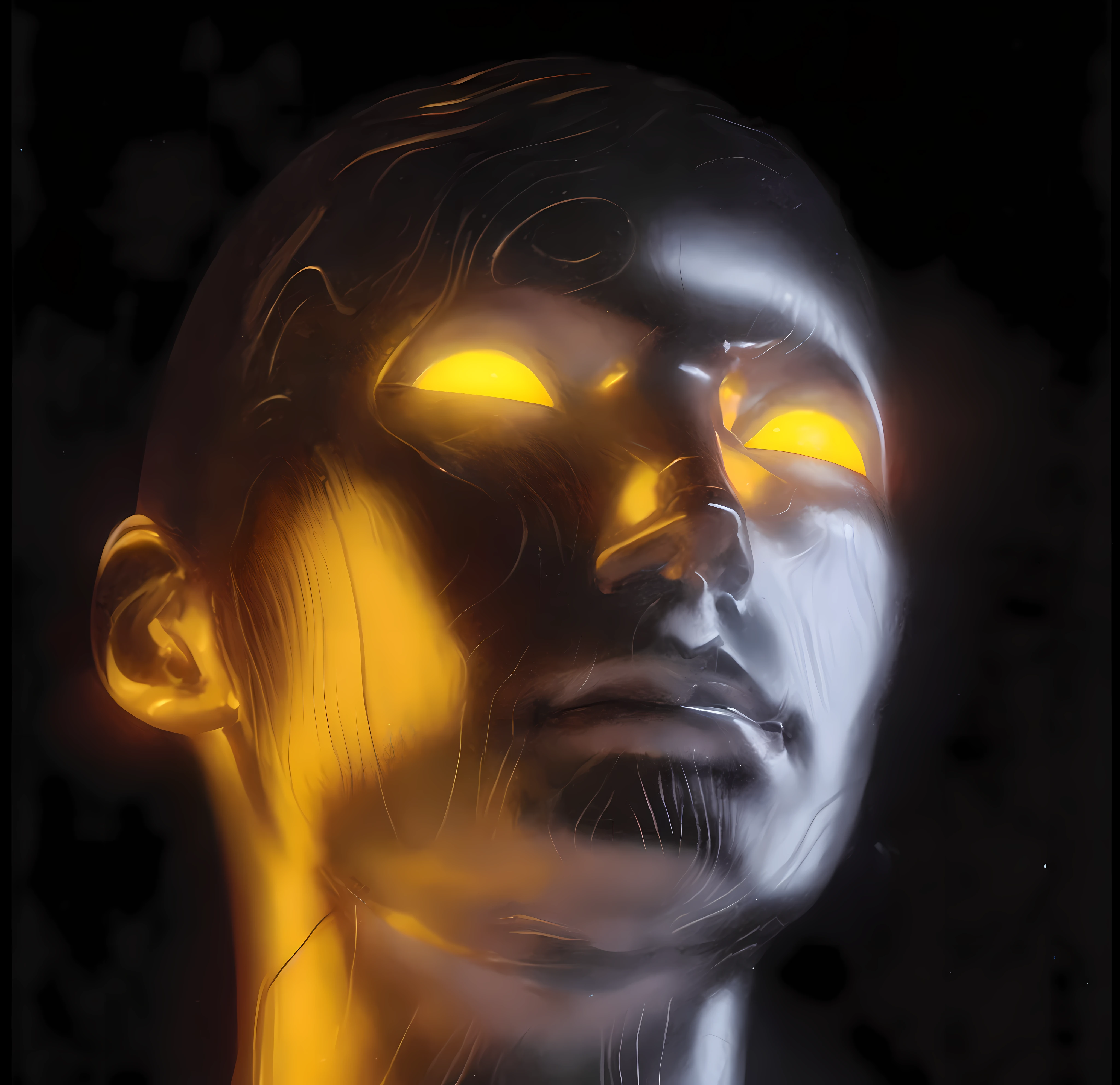 um close up do rosto de um homem com olhos brilhantes, detailed glowing head, rosto brilhante, rosto iluminado, metal e olhos brilhantes, rosto amarelo brilhante, sci-fi face, sci - cara de fi, bipe. hiper-realismoo, glowing head, realismo | bipe, brilho humano, Retrato de um androide, olhos amarelos do ciborgue