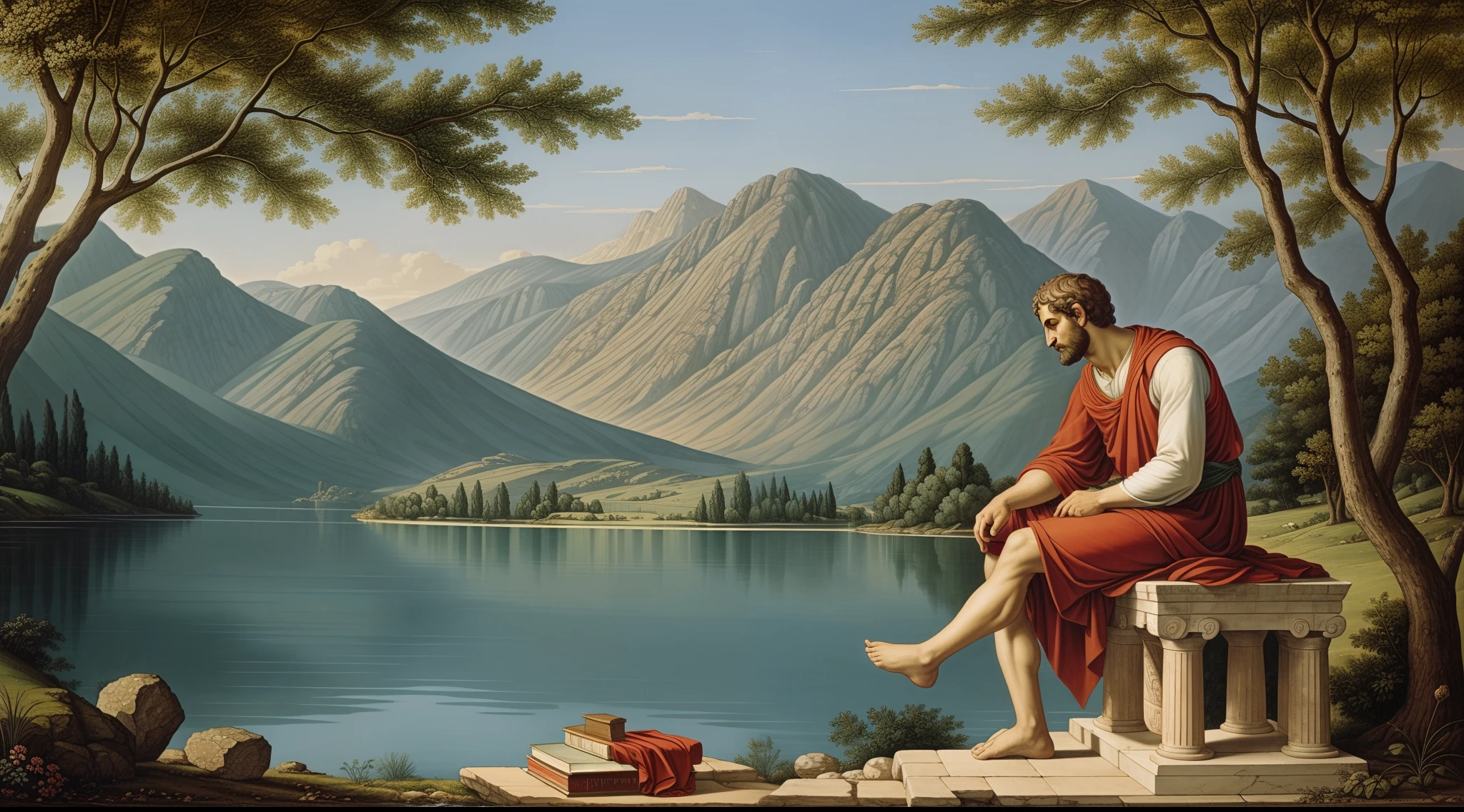 Aristotle engrossed in thinking beside a serene lake in ancient Greece. Capture the essence of intellectual pursuit and contemplation. Create an image that brings to life the tranquil setting of the ancient Greek landscape, with a focus on the profound thinking of Aristotle. Use rich details and vibrant colors to depict the idyllic scene, where wisdom meets nature. Let the viewer feel the intellectual curiosity and scholarly ambiance as Aristotle immerses himself in the world of knowledge by the lakeside in ancient Greece.