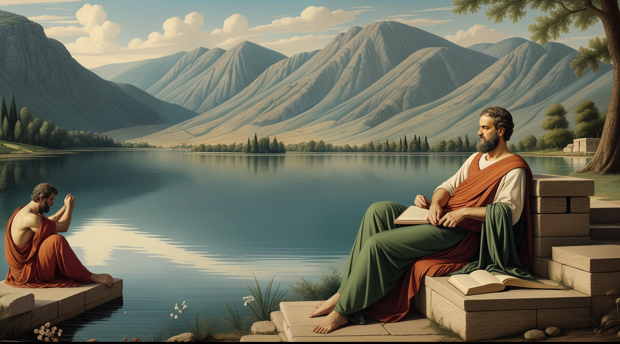 Aristotle engrossed in thinking beside a serene lake in ancient Greece. Capture the essence of intellectual pursuit and contemplation. Create an image that brings to life the tranquil setting of the ancient Greek landscape, with a focus on the profound thinking of Aristotle. Use rich details and vibrant colors to depict the idyllic scene, where wisdom meets nature. Let the viewer feel the intellectual curiosity and scholarly ambiance as Aristotle immerses himself in the world of knowledge by the lakeside in ancient Greece.