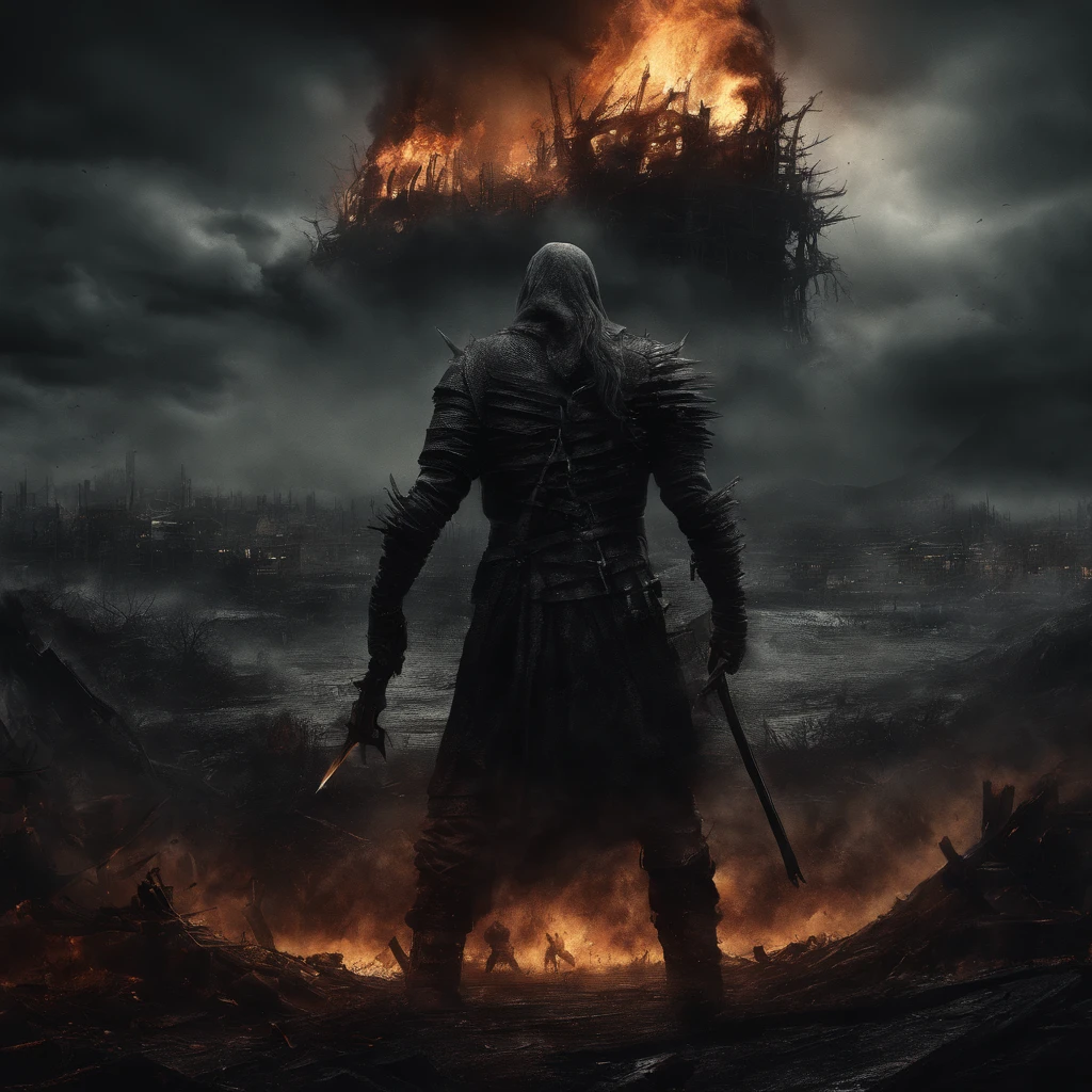 best quality, ultra-detailed, realistic, 4 hoursemen of apocalypse, fierce and intimidating warriors, ominous black clouds and stormy sky, fire and smoke, gritty and aggressive art style, vivid and dark color palette, sinister and epic atmosphere, hellish and chaotic scenery, apocalyptic destruction and chaos