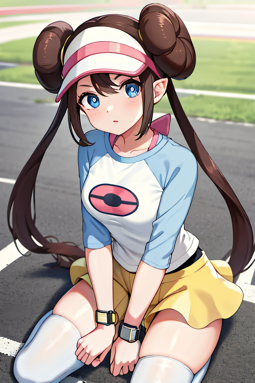 ​masterpiece, top-quality, hight resolution, RO1, Hair buns, blue eyess, Twin-tailed, Visor Cap, panthyhose, raglan sleeves, Yellow Shorts, The shirt, Pink ribbon, Watches, Slouched, gym, crouching down, 30 Denier Soft Touch Comfort Tights, see -through, crouching down, Open legs, thighs thighs thighs thighs, Attractive thighs,Usa-eared、Rabbit ears