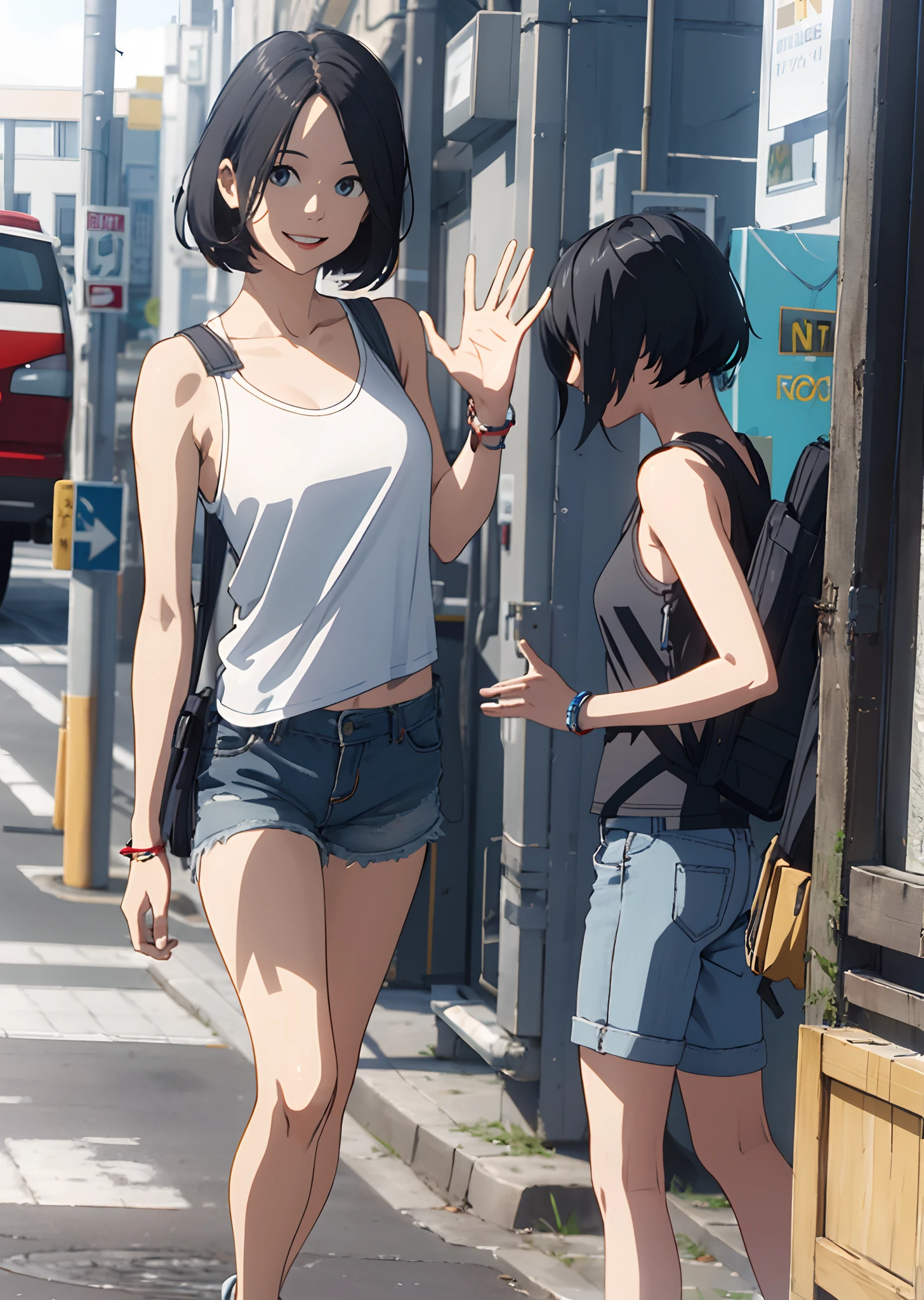 no-bra、Tank tops、Girl in shorts(Short black hair)、Smiling and waving。