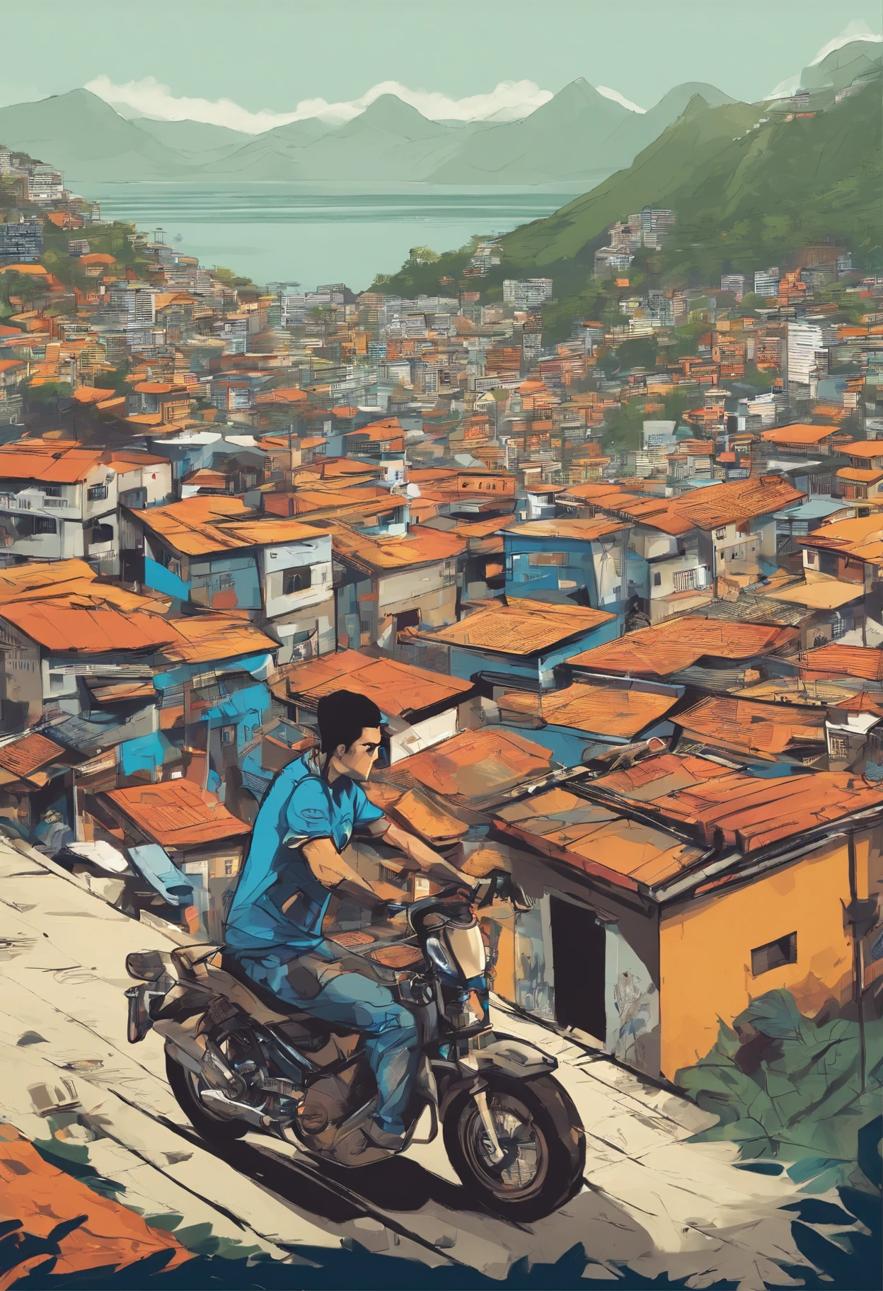 um homem carioca, com o corpo tatuado, com a camisa do flamengo pilotando sua moto da marca honda XRE, elevando o pneu dianteiro, fazendo uma manobra. Ceu azul, mostrando em cima de um complexo de favela, Um beco grafitado na favela do rio de janeiro Brasil