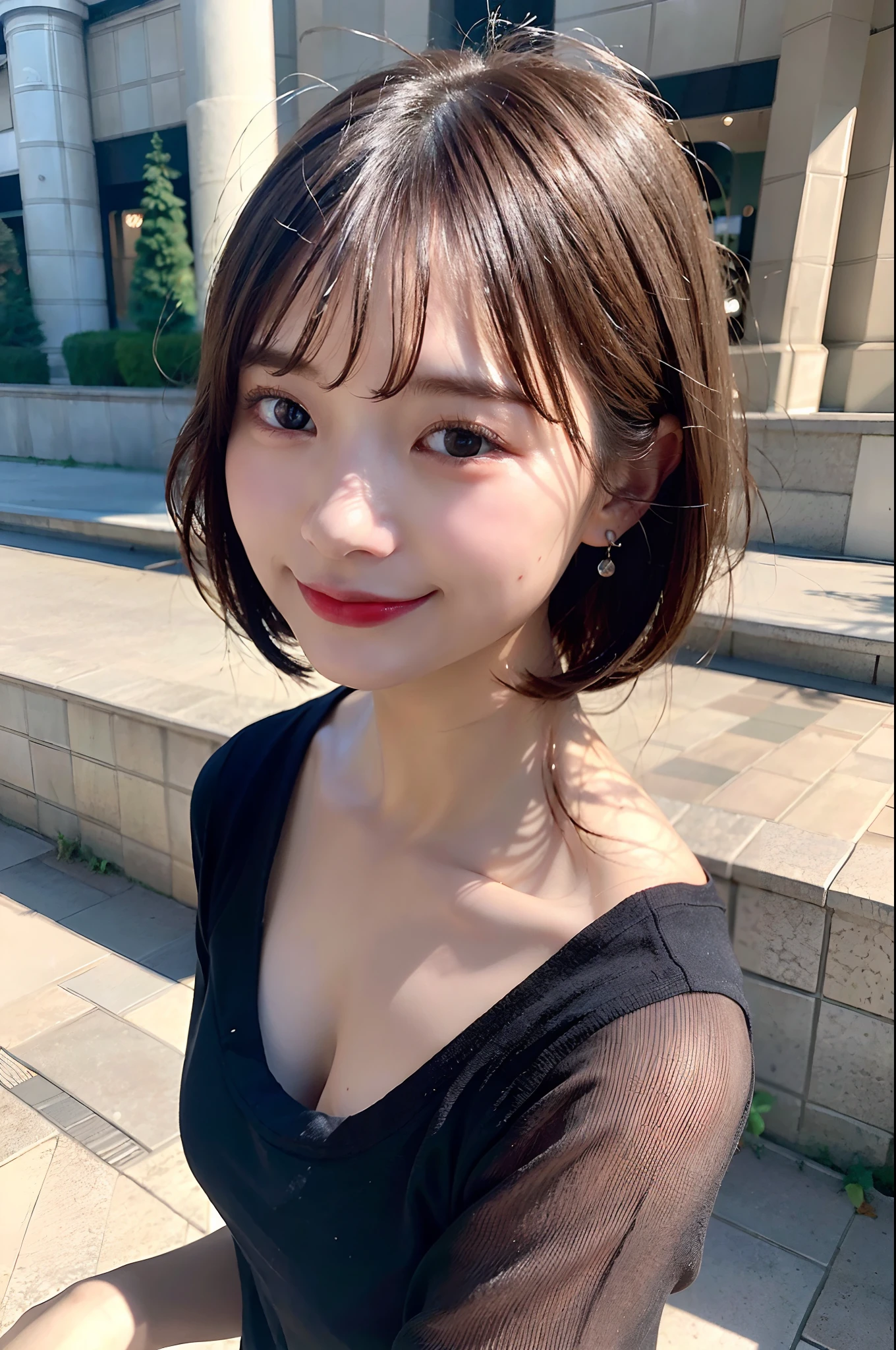 incredibly absurd, beautiful and cute 20-year-old Korean girl with a photorealistic face, showcasing top-quality craftsmanship. Her slender frame adorned with short, messy hair. The artwork high-resolution, allowing for ultra-detailed features to be captured flawlessly. The girl depicted naked. The focus lies on the realistic pupils, showcasing depth and emotion. ((breasts out)) cute smile.