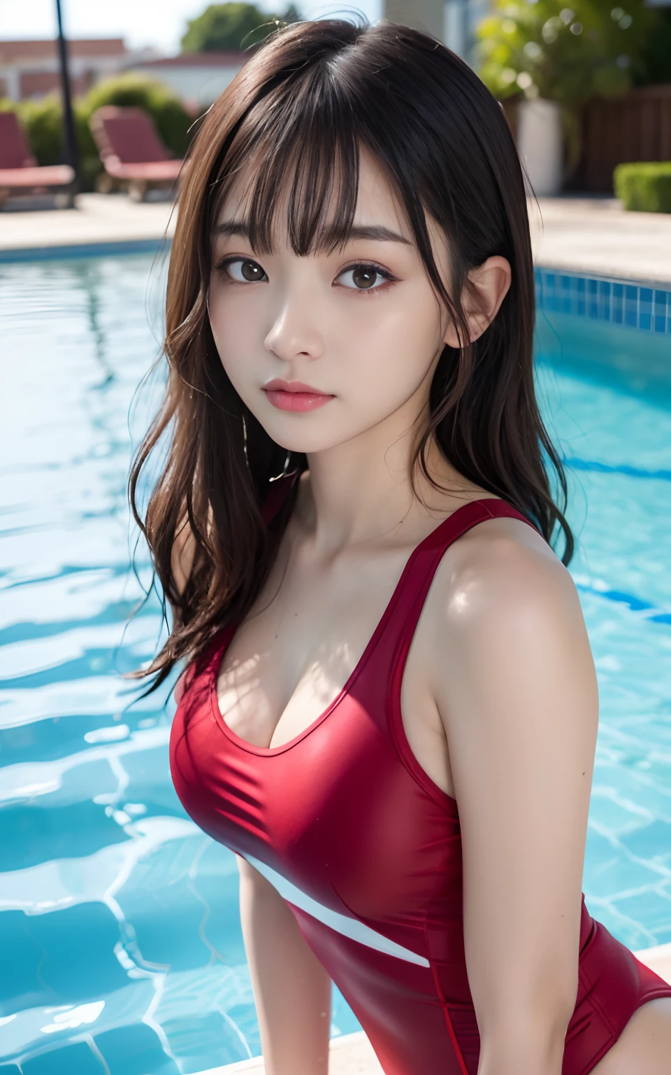 film photography, 1girl, red swimsuit, denim short, medium breast, wavy shoulder-length hair, full body, serene, calm, (realistic detailed eyes, natural skin texture, realistic face details), soft dramatic lighting, depth of field, bokeh, vibrant details, finely detailed, hyperrealistic