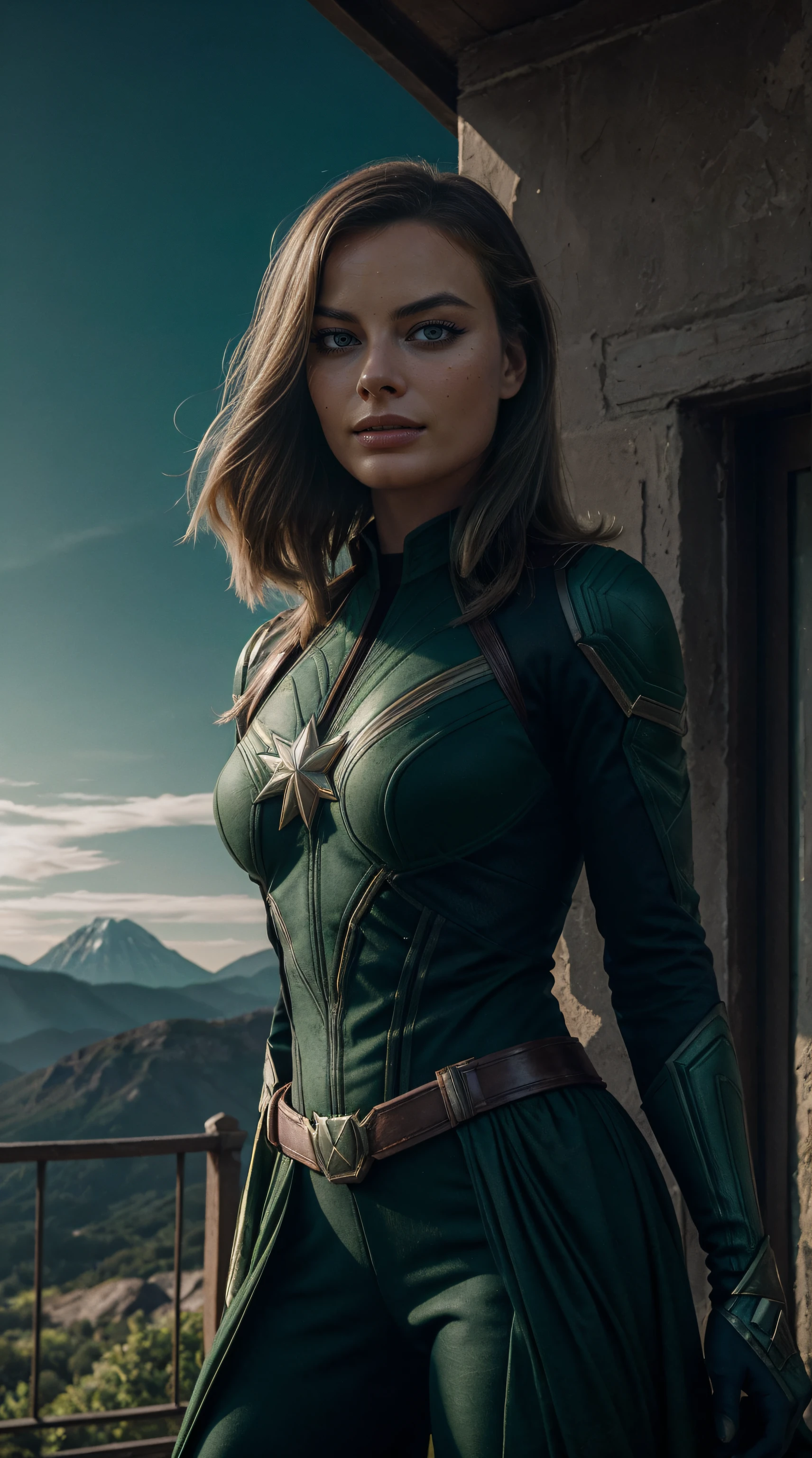 margot robbie is captain-marvel, (((costume with green and black tones))), mountain, stunning scenery, surreal lighting, extremely extravagant lighting, beautiful scenery, afternoon, natural, sunset, sun shining hidden