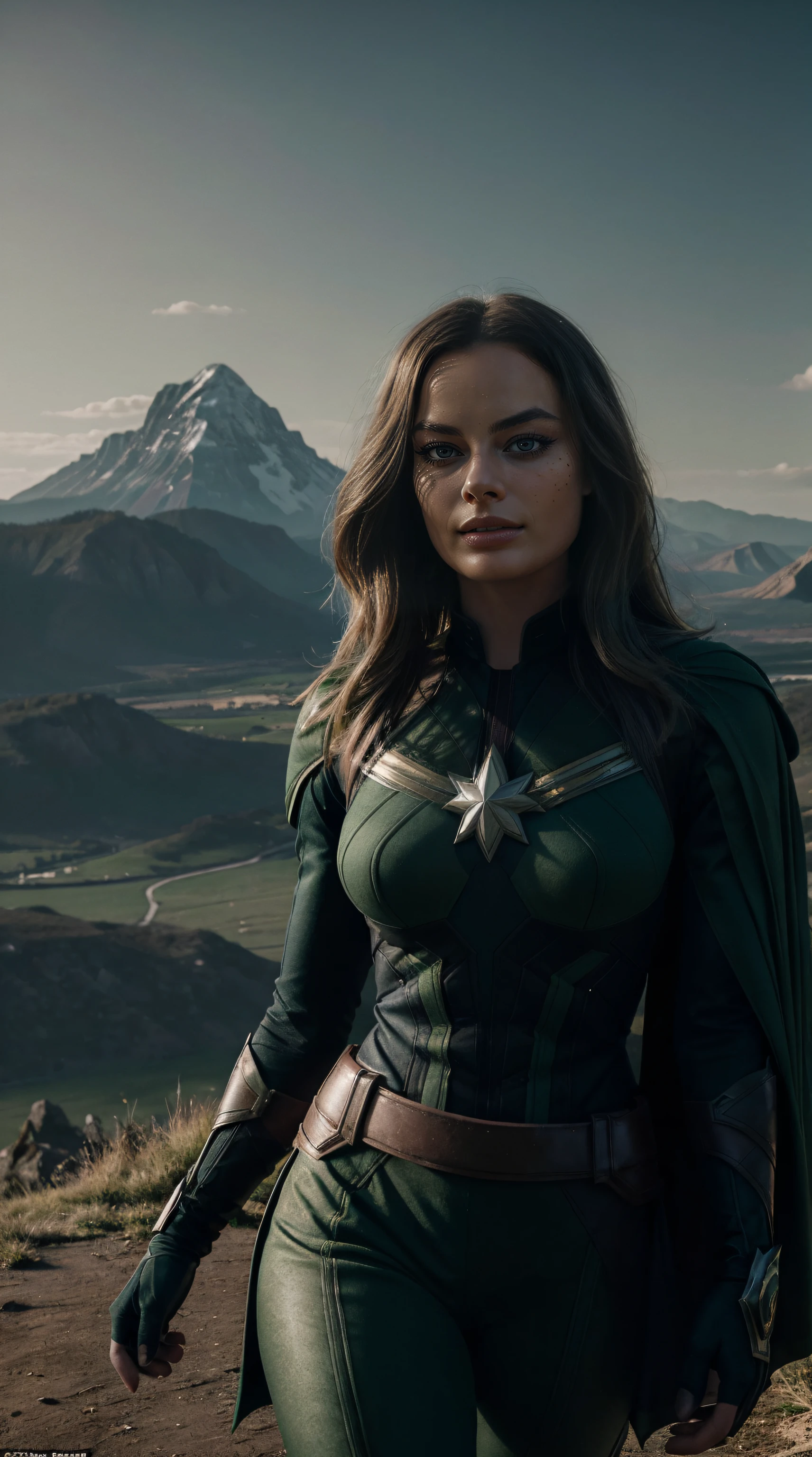 margot robbie is captain-marvel, (((costume with green and black tones))), mountain, stunning scenery, surreal lighting, extremely extravagant lighting, beautiful scenery, afternoon, natural, sunset, sun shining hidden