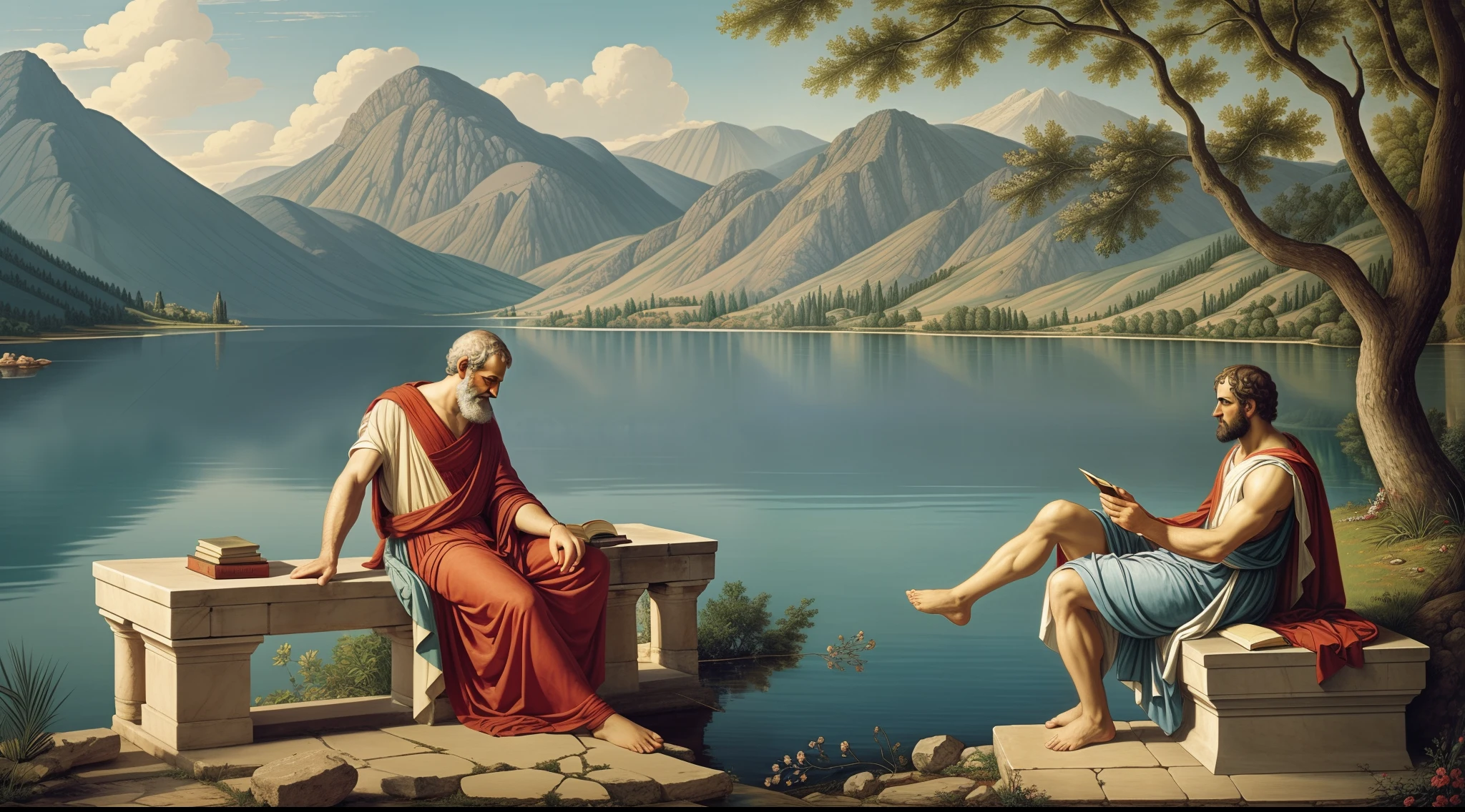 Aristotle engrossed in thinking beside a serene lake in ancient Greece. Capture the essence of intellectual pursuit and contemplation. Create an image that brings to life the tranquil setting of the ancient Greek landscape, with a focus on the profound thinking of Aristotle. Use rich details and vibrant colors to depict the idyllic scene, where wisdom meets nature. Let the viewer feel the intellectual curiosity and scholarly ambiance as Aristotle immerses himself in the world of knowledge by the lakeside in ancient Greece.