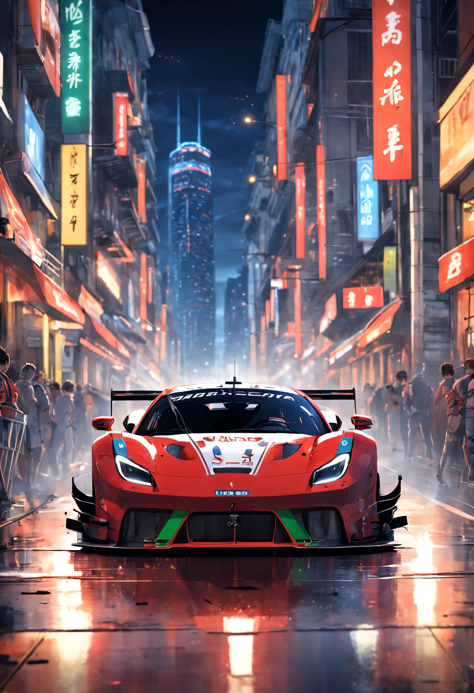 "an Quority(ferrari 488 gt3)Racing cars race around the city circuit at night，A breath of blood and speed。"