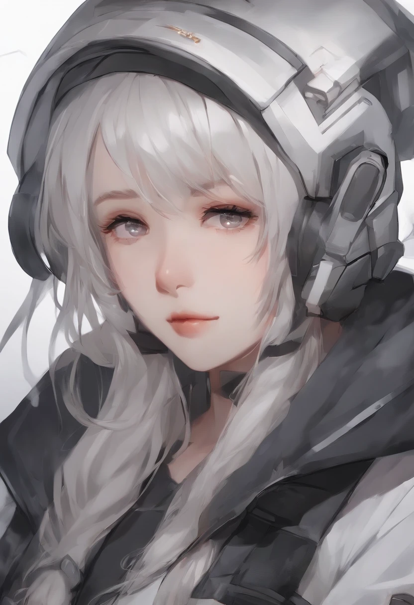 Anime fille aux cheveux longs et au manteau blanc debout dans un couloir, girls frontline style, De Girls Frontline, de Arknights, Portrait anime Space Cadet Girl, mignon anime fille, anime visual of a cute girl, Silver-haired girl, an anime girl, Anime Mecha Aesthetic, Anime aesthetics, beautiful anime portrait, portrait anime fille, attractive anime girl, beautiful anime girl