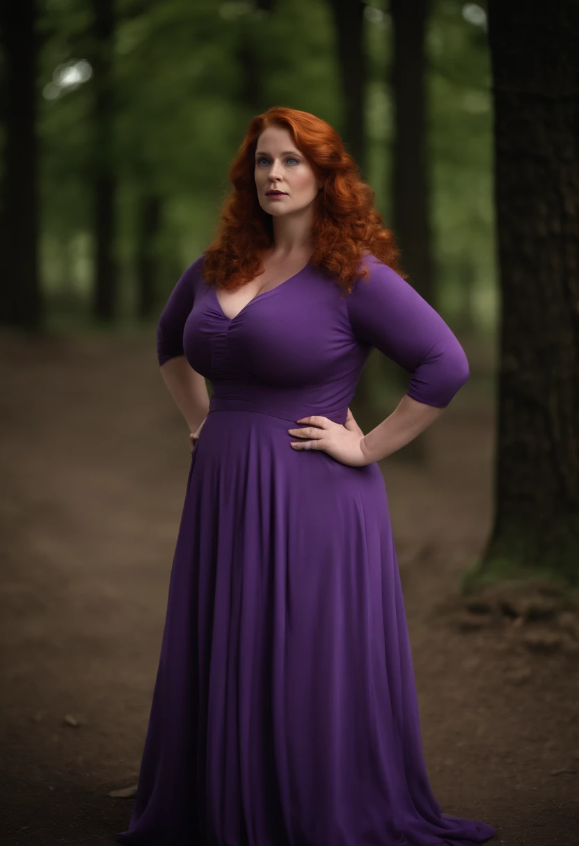 redhead queen, tall, blue eyes, perfect nose, fat, round face, straight eyebrow god, purple dress,(big-breasted:1.5) full body