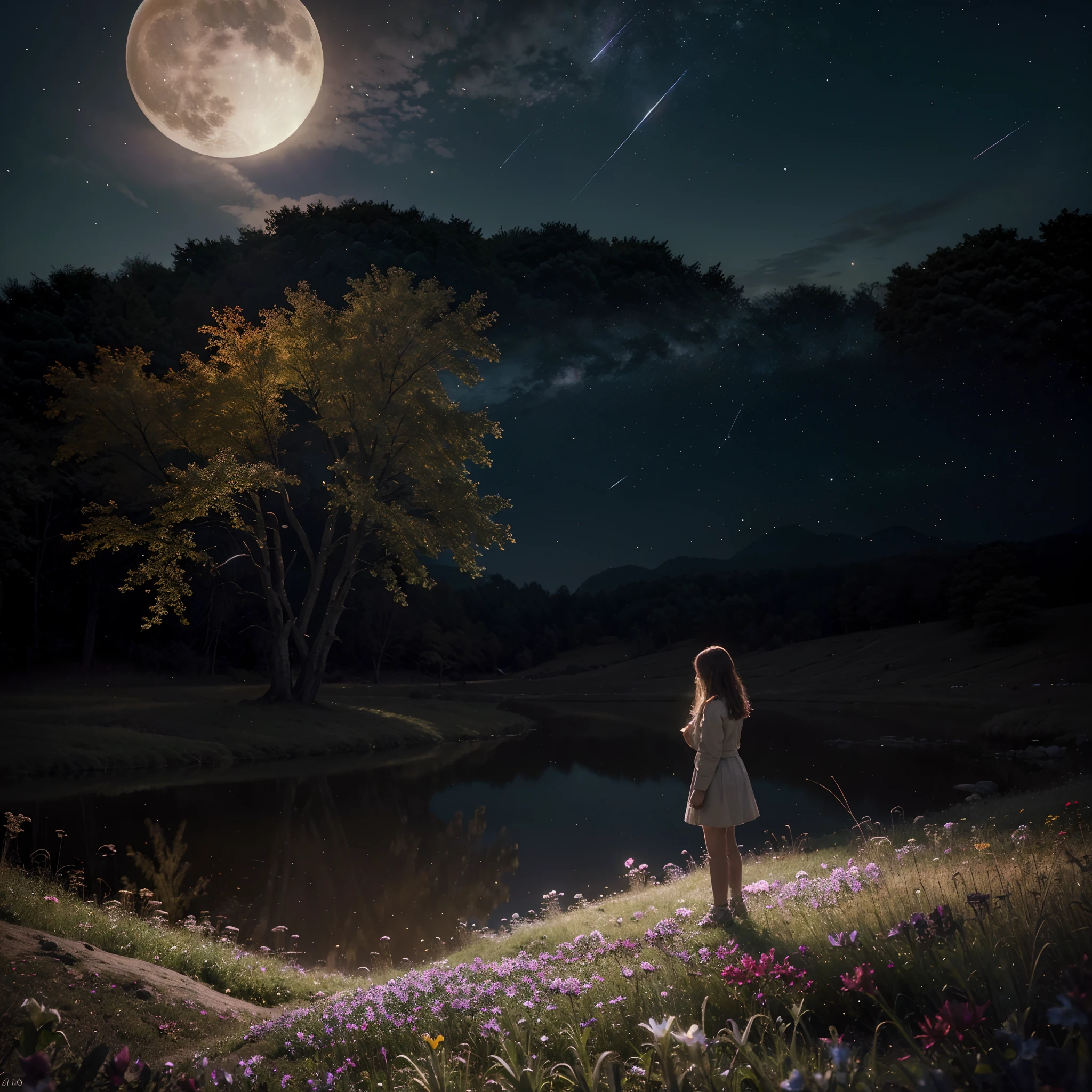 Expansive landscape photograph, (view from below with a view of the sky and wilderness below), little girl standing in a flower field looking up, (full moon: 1.2), (shooting star: 0.9), (nebula: 1.3), distant mountain, tree break production art, (warm light source: 1.2), (firefly: 1.2), lamp, purple and orange, intricate detail, volume lighting, realism break (masterpiece: 1.2) (Best Quality), 4K, Ultra-Detailed, (Dynamic Configuration: 1.4), Highly Detailed and Colorful Details, (Iridescent Colors: 1.2), (Glowing Lighting, Atmospheric Lighting), Dreamy, Magical, (Solo: 1.2)