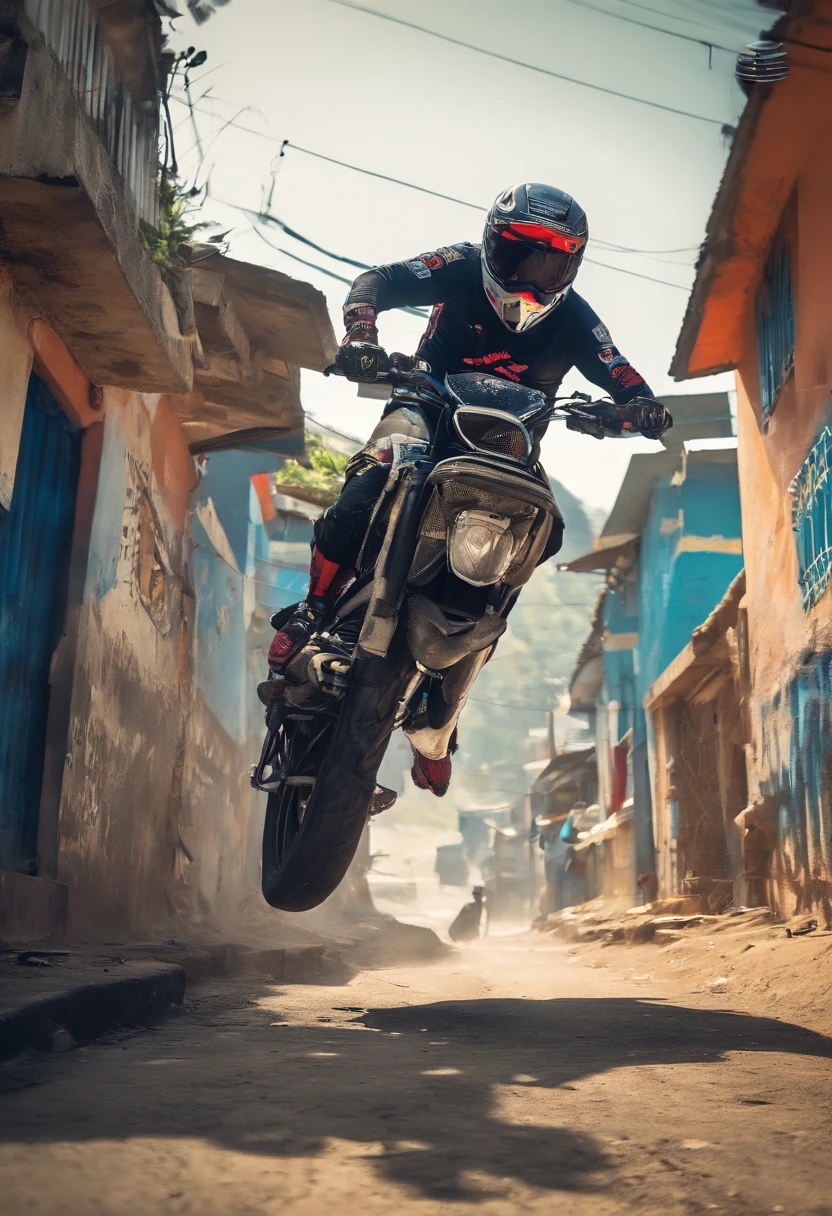 Homem fazendo um Wheelie em uma motocicleta na favela, Wheelie, insane action pose, Posar extrema, Epic Angle and Pose, pilotando uma motocicleta, Action sports, Stunning action poses, muito legal a Posar, epic action pose, Posar, foto do perfil um homem carioca, com o corpo tatuado, com a camisa do flamengo pilotando sua moto da marca honda XRE, elevando o pneu dianteiro, fazendo uma manobra whille. Ceu azul, mostrando em cima de um complexo de favela, Um beco grafitado na favela do rio de janeiro Brasil