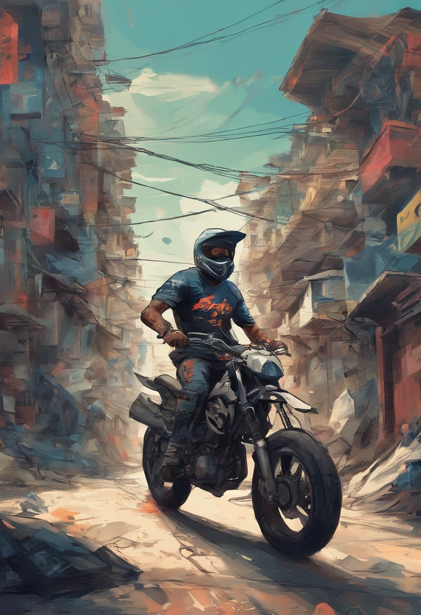 Homem fazendo um Wheelie em uma motocicleta na favela, Wheelie, insane action pose, Posar extrema, Epic Angle and Pose, pilotando uma motocicleta, Action sports, Stunning action poses, muito legal a Posar, epic action pose, Posar, foto do perfil um homem carioca, com o corpo tatuado, com a camisa do flamengo pilotando sua moto da marca honda XRE, elevando o pneu dianteiro, fazendo uma manobra whille. Ceu azul, mostrando em cima de um complexo de favela, Um beco grafitado na favela do rio de janeiro Brasil
