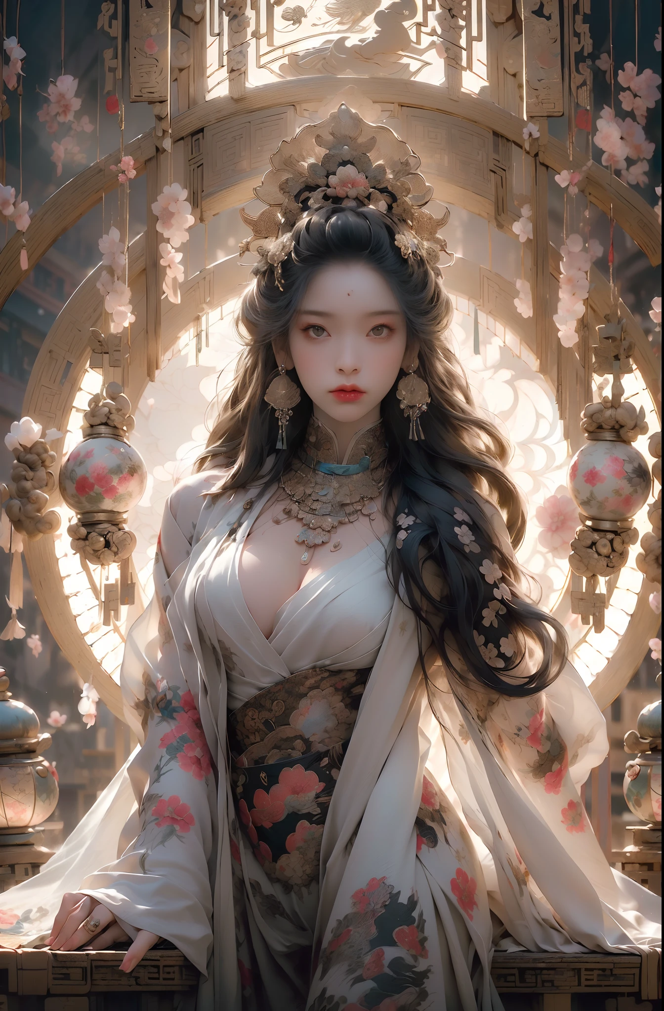 (solofocus:1.5)Ultra-detailed(Masterpiece:1.4)Ultra-high resolution grounding glass of the highest quality(English_text),multiple_Girls,virtual_youtuber,
(1girls solo:1.5)Which style,(Long legs:1.1),(imid shot,macro shot:1.25),(Detailed face description), Chinese antique costumes,Chinese martial arts,Large_Breasts,Absurdly long hair,Black hair
(((Splash ink))), (((Ink style))), ((gaming console_CG)), (((Best quality))), (((Ultra detailed))), (((Masterpiece))), End of illustration, cover_turning pages, letterboxed, Long_Hair, Looking_at_peeping at the viewer, PureErosFace_V1((Verbose text))digit
Aqua green theme Chinese theme ink style,Combat stance Tense shots Detailed background Double exposure,
Buddha statue Chinese architecture,
Line,Badge,Pattern,ultra realistic 8k cg, Splashing black ink,Flawless, Clean,Extremely flowing hair, Masterpiece, Professional artwork, Famous artwork, Cinematic lighting, Cinematic bloom, (full bodyesbian:1.7), ((nagative space:0.8),(Drawing board:1.3),
(Ether color ink flowing koi:1.3),Swirl gracefully in a fascinating whirlwind of vibrant ribbons, Dynamic lighting is used to enhance movement and striking colors,
{Extremely Delicately Beautiful},(Detailed eye description),((Delicate faces)),(Beautiful and detailed facial depiction),