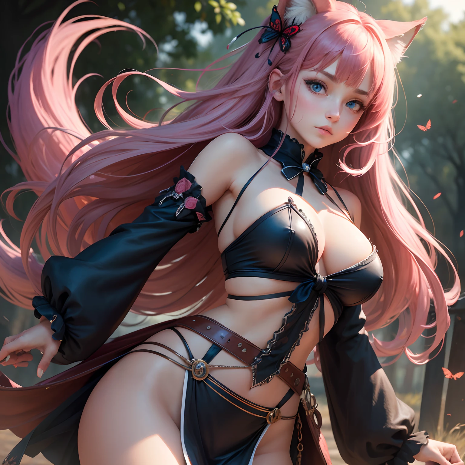 8k, masterpiece, best quality, realistic, higly detailed, cowboy shot, 1girl, solo, Nino, cute, cold-looking girl, waist-length straight hair, square bangs hanging over eyebrows, reddish-pink hair, twin butterfly-shaped ribbons on both sides of head, dark blue eyes, average height, well-endowed figure, large breasts, fashionable girl, various cute accessories, takes care of nails, Fox of Greed