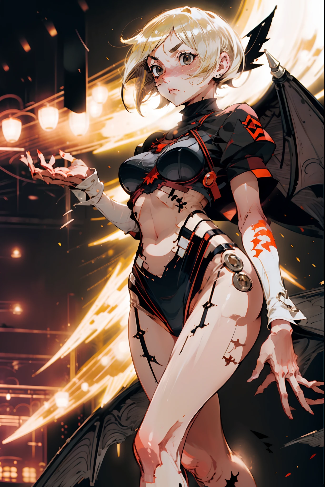 bra, pantis, short hair, blond hair, black eyes, noseless,tomboy, demongirl ,demon wings, standing, walking, feet