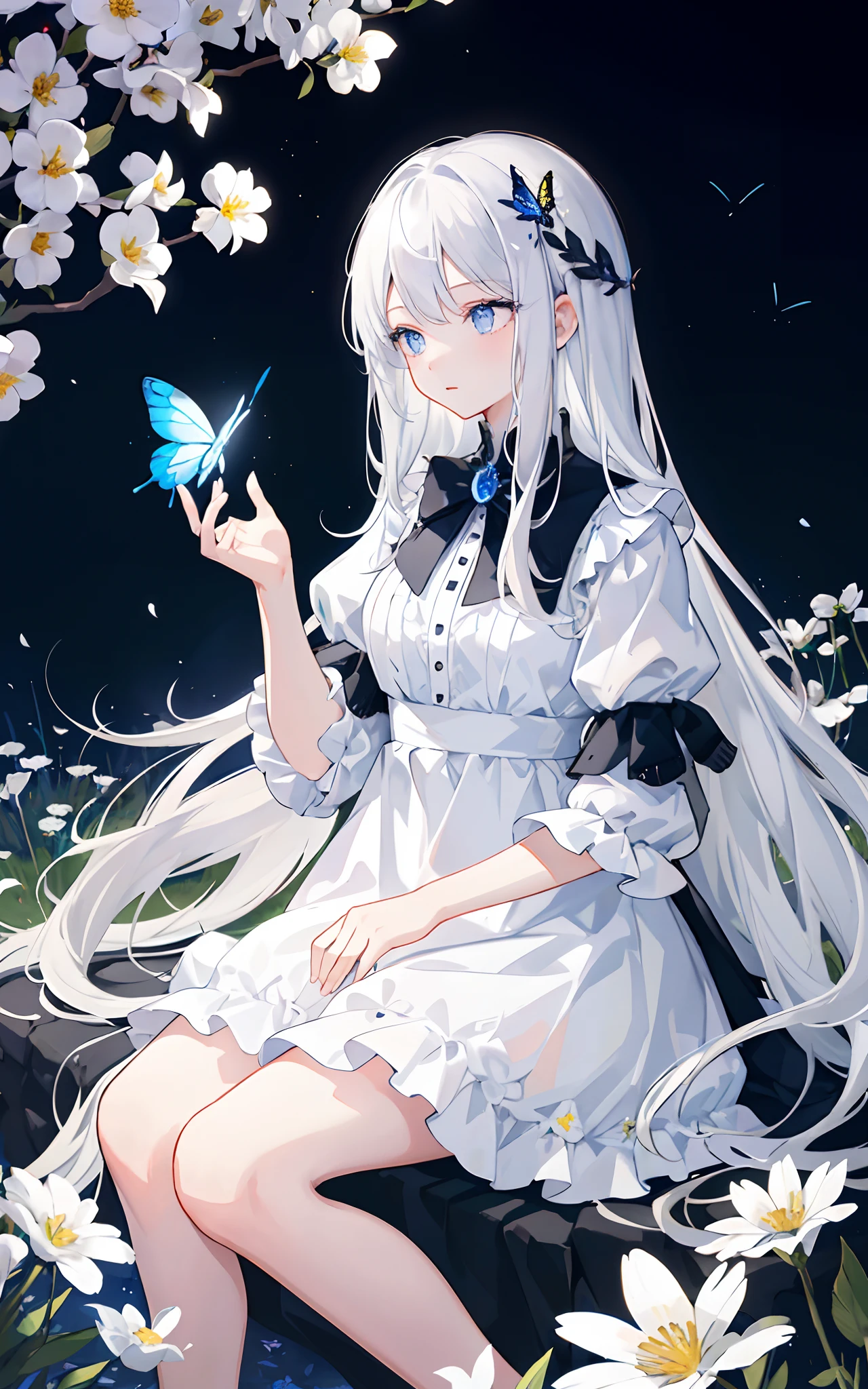 (masterpiece: 1.3, best quality), 1 girl, field of flowers, White flowers, light particles, White dress, silver hair, long hair, bug, bright butterflies, blue eyes, seated, holding flowers, night, looking away, long hair, puffy short sleeves, stars, black clouds, ultra-detailed, beautiful eyes, outdoors, night sky,