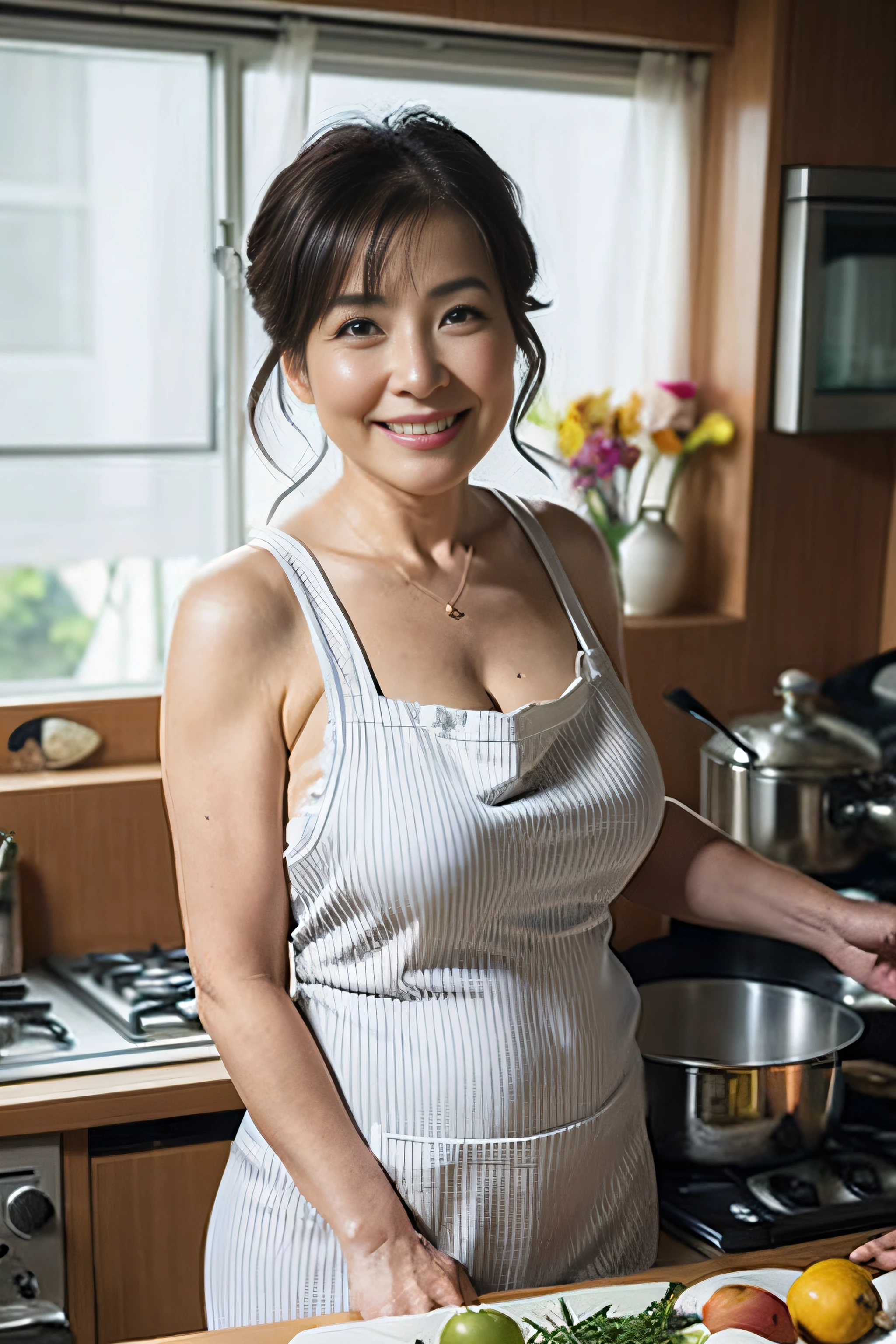 face perfect, beautiful face of a 50 year old Korean woman, Smiling beautiful, sitting on the bathroom naked