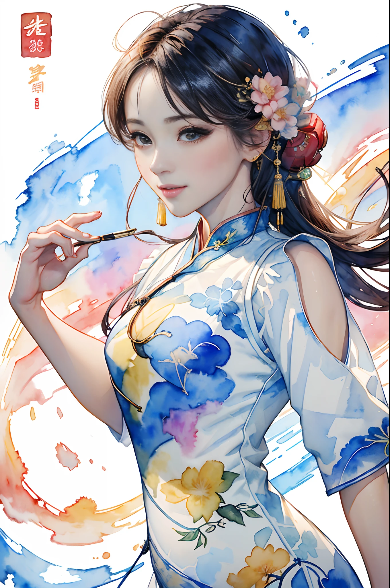 8K,​masterpiece,top-quality, (From the top:1.6) ,(close up:1.1),Dynamic Pose,30-year-old woman with,Portrait, light, Long hair, ssmile, watercolor paiting \(Medium\),watercolor paiting,(Cheongsam that adheres to the body:1.3)