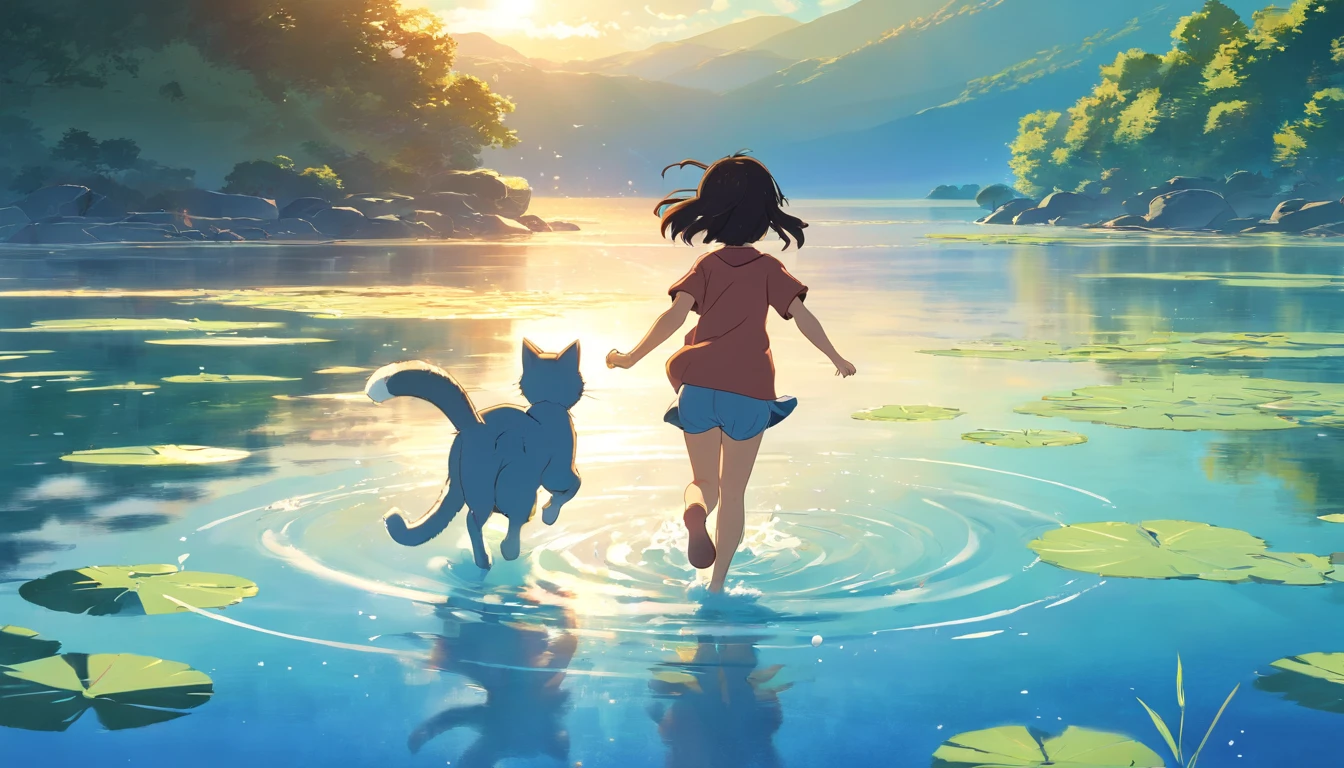 with little cat g in the lake. Happy, blue sky,