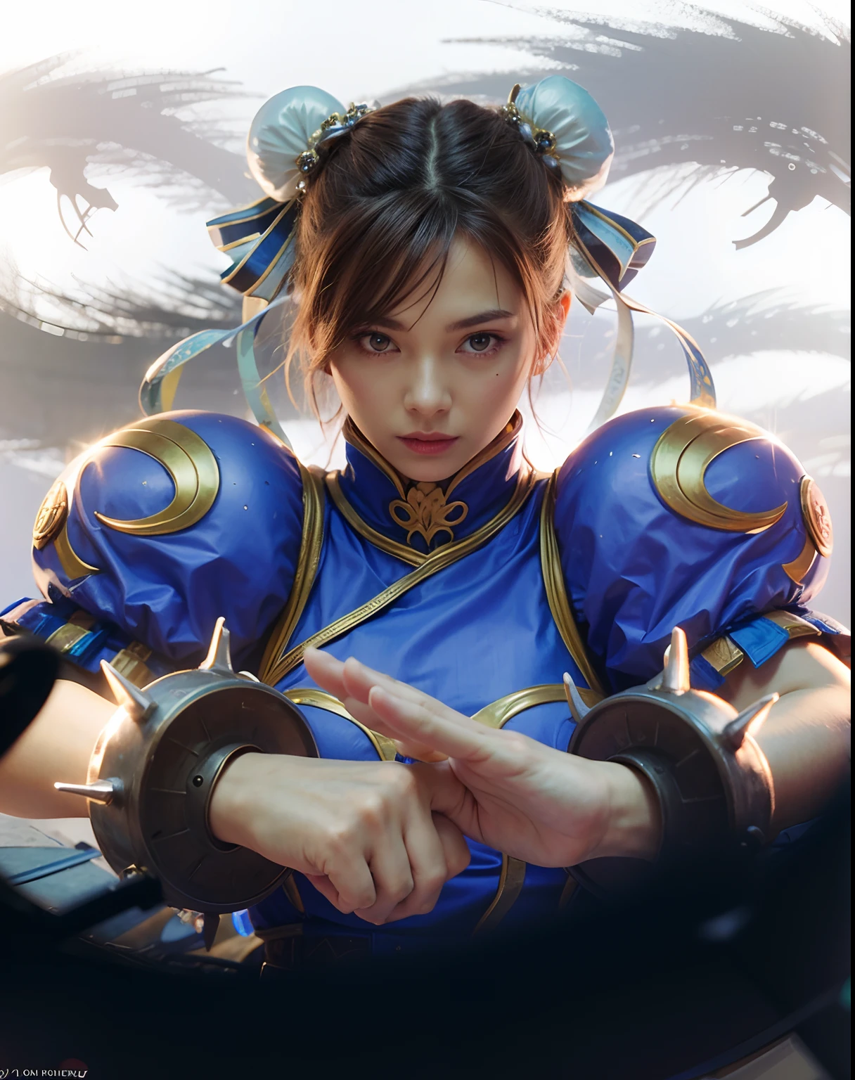 The image depicts Chun-Li, the iconic Street Fighter character, in all her glory. Captured in the highest quality 8k and using the legendary Canon Eos R6 camera, the image is a true masterpiece. Chun-Li is standing, showing off her beautiful athletic body and confident posture. His toned muscles are clearly visible, demonstrating his impressive strength and agility. Her blue and gold combat suit enhances her lean, powerful figure. Chun-Li's extremely beautiful face is a highlight in this image. Her expressive eyes shine with determination, while her winning smile conveys a mixture of grace and courage. Every feature of her face is meticulously captured, revealing her unique beauty. 8k resolution and maximum quality ensure that every image detail is exceptionally sharp and lifelike. Every hair, every crease in the suit, and every muscle is accurately represented, creating a highly detailed image. This masterpiece, with an impressive score of 1.2, captures the essence of the Chun-Li character, highlighting her beauty, strength and determination. It's an image that is sure to delight Street Fighter fans and appreciators of high quality digital art.