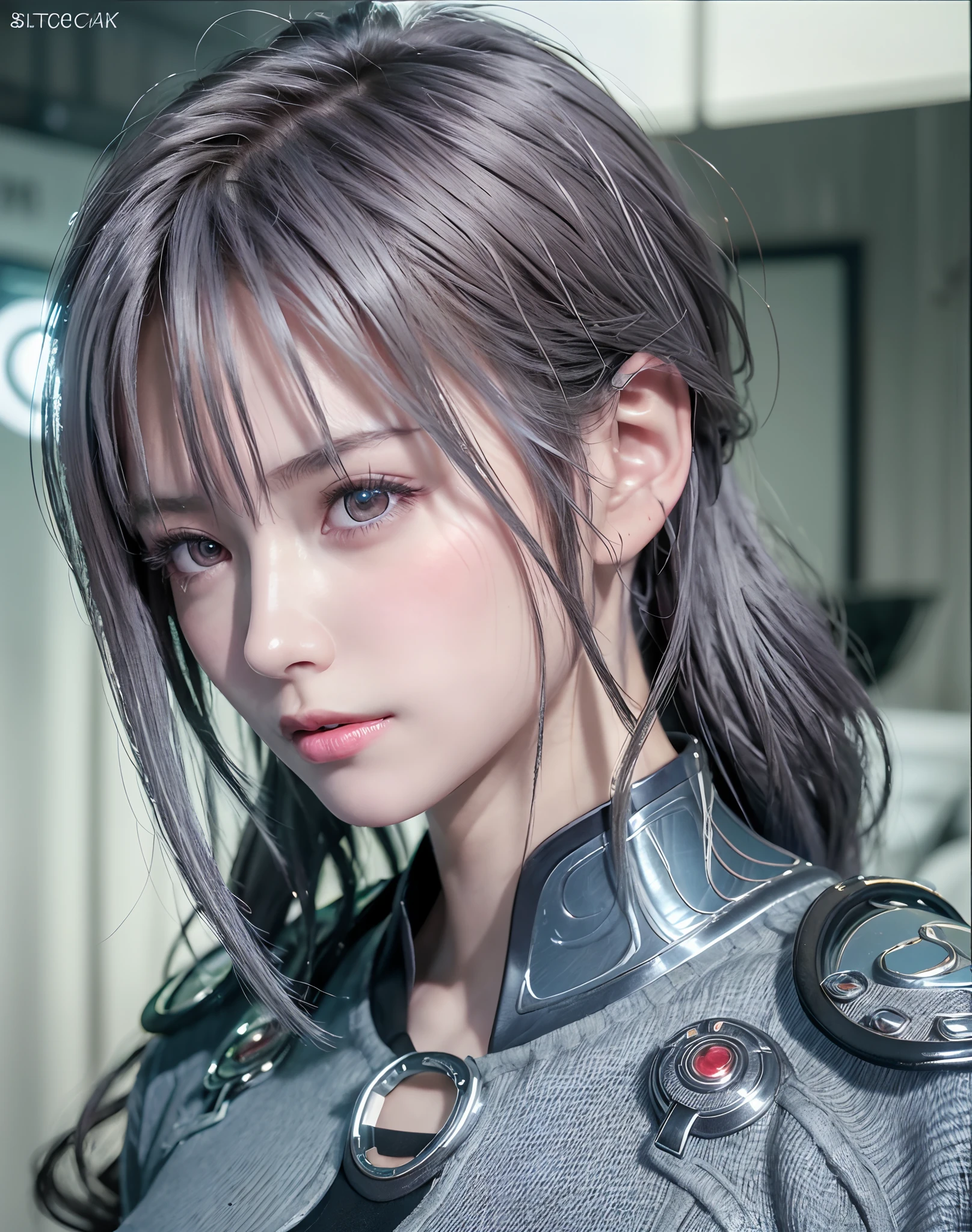 (8K, Photorealistic, Raw photo, of the highest quality: 1.3), (1girl in), Super beautiful, (Realistic face), (boyish, Silver Color Berry Shorthair), Beautiful cyberpunk suit, Glare that captivates the viewer, Beautiful expression, Beautiful breasts, (Realistic skin), Beautiful...