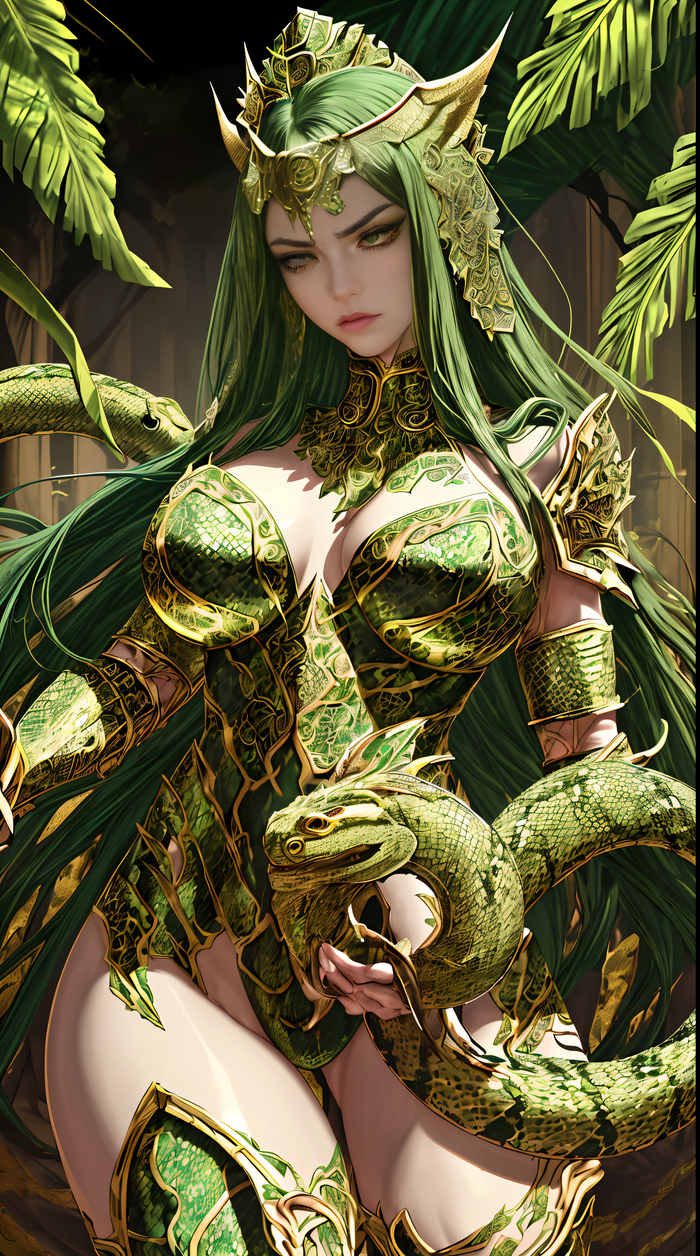 (best quality,highres:1.2),ultra-detailed,realistic,portrait:,beautiful,detailed eyes,beautiful,detailed lips,longeyelashes,gorgeous queen,gorgon,green and gold armor,sexy and fierce,leather armor,ornate design,shiny and reflective armor,scales pattern,headpiece with snake motifs,serpent-themed accessories,confident and commanding presence,strong and powerful stance,engaging gaze with piercing eyes,dark, mysterious atmosphere,dramatic lighting with shadows,decorative background with ancient ruins,lush vegetation with exotic plants and flowers,vivid colors with vibrant greens and shimmering golds,subtle golden highlights on the armor,impressive details on the snakes' scales,imposing and majestic posture,mythical and enchanting aura