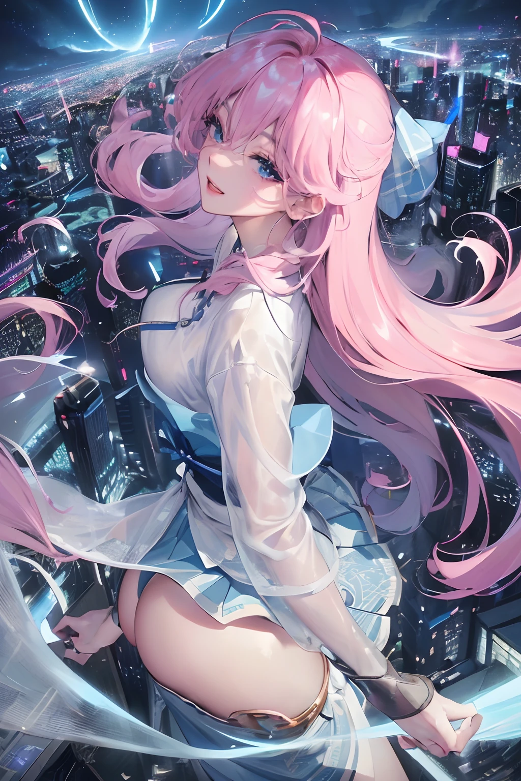 Official Art, masterpiece, Sharp Focus, (Beautiful gorgeous cute korean woman:1.3), (Beautiful cute korean woman:1.3), Korean beauty, Delicate Beautiful Hair and Eyes and Face, realisitic, ultra-detailliert, a beauty girl, blue-sky, Glow white particles, (side lights:1.2), rays of sunshine, white clouds, Fine clouds, A slender, Pretty breasts and big buttocks, Show your teeth and smile, ((Smile with your eyes, open both eyes)), scenic, long straight hair、sexy facial expression、buliding、(A city scape:1.7)、Dynamic hair、long straight hair、Detailed platinum pink hair、glowingblueeyes、(Blue Pleated Shirt + white skirt)、de pele branca