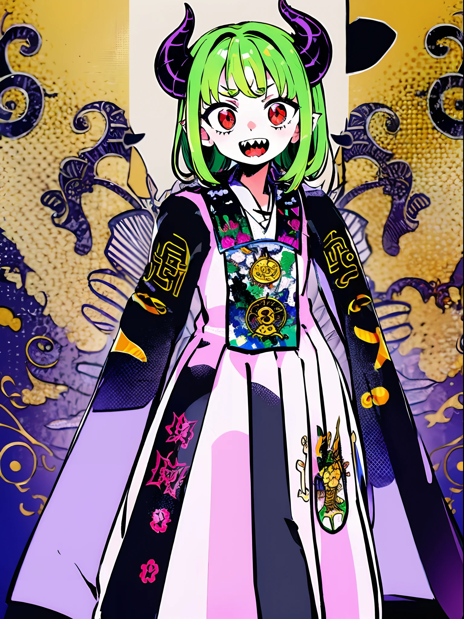 loli, green hair, red eyes, white robe, hornes, sharpteeth, standing solo focus, white robe,demongirl, pants, long skirt, short hair, flatchest, Daoist_Robe, demon hornes, long horns, smile, happy, hand