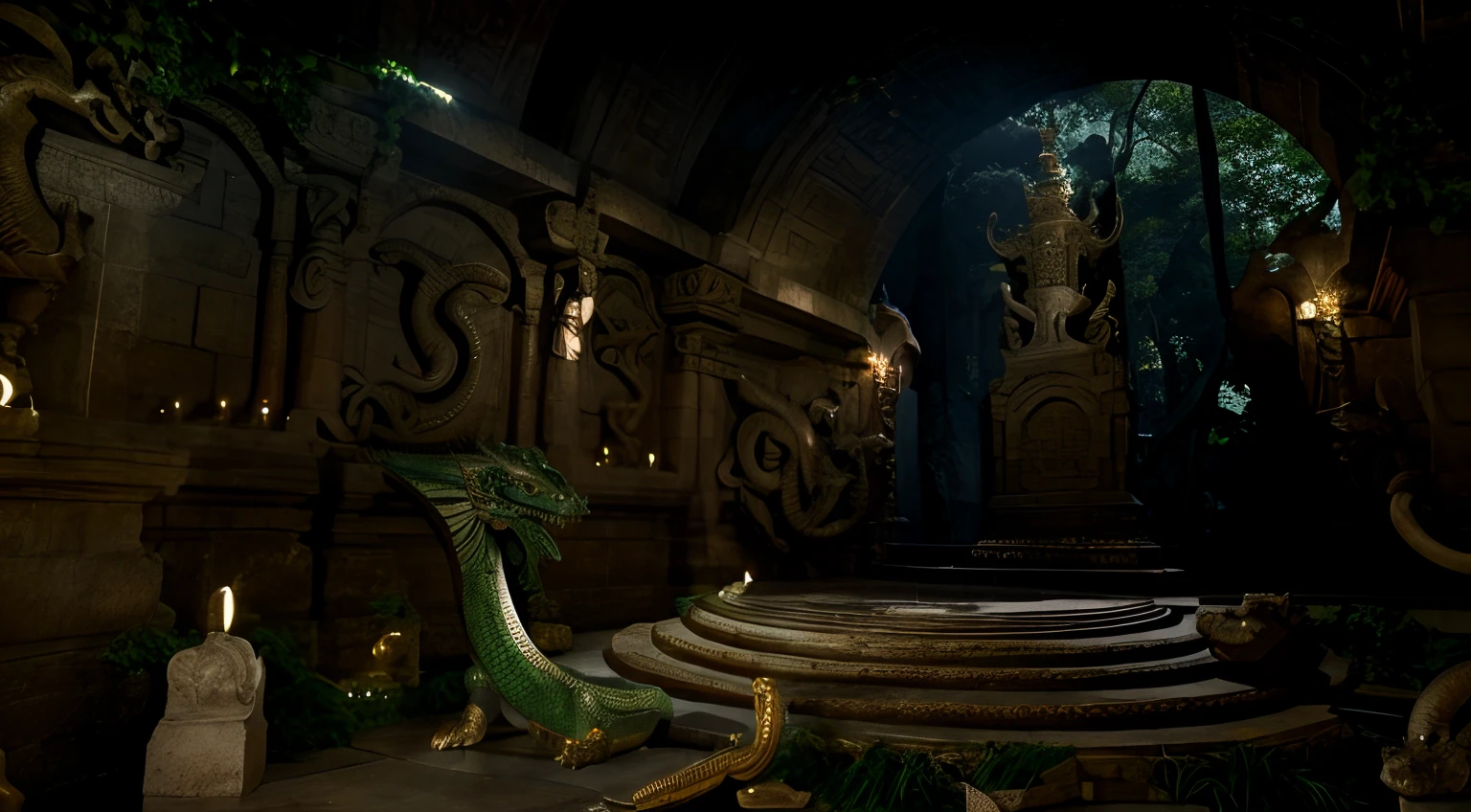 Temple of the Dragon God, Central statue with reptilian features, ornamentos de serpentes e cobras, statue has the face of a DRAGON