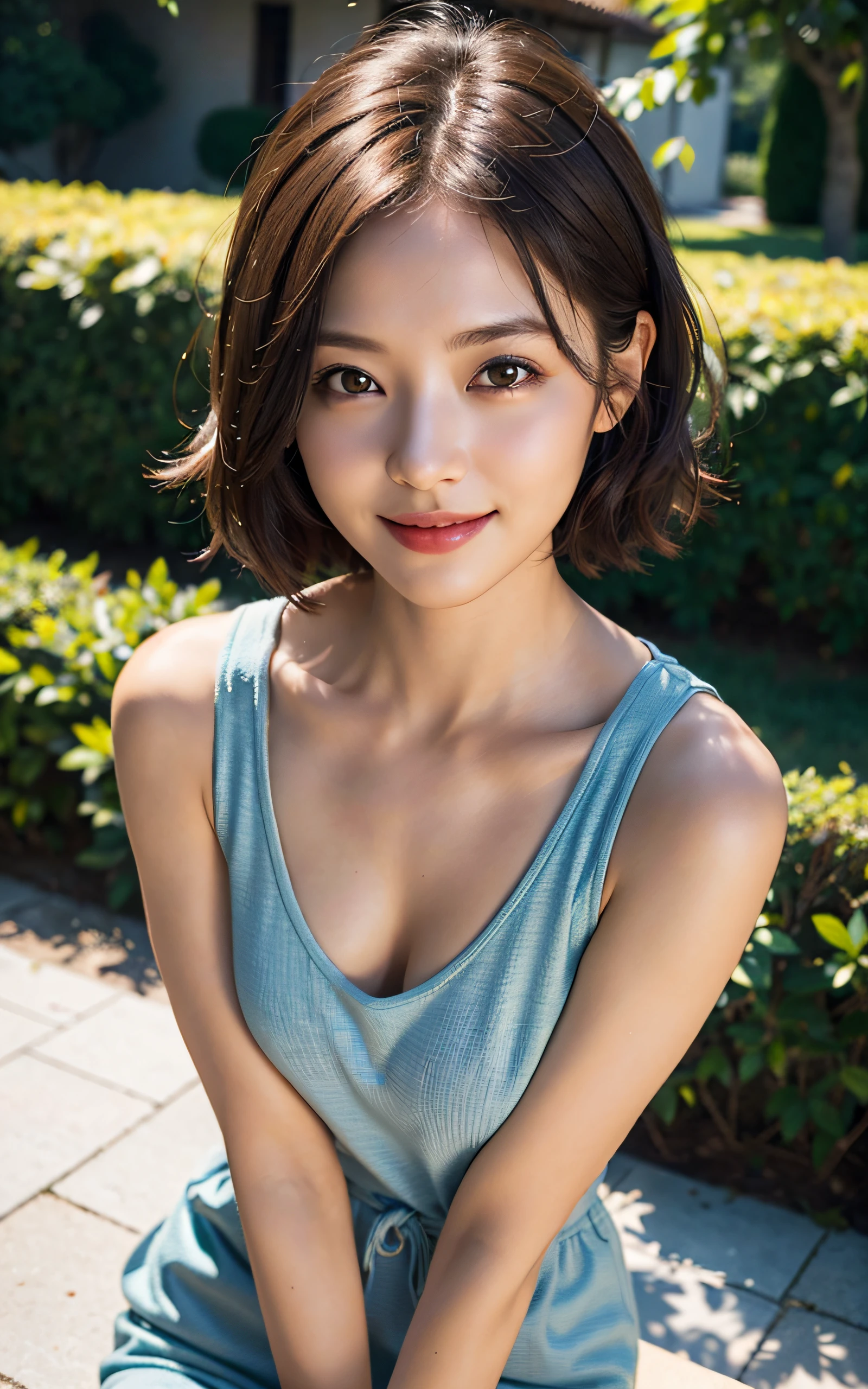 (Masterpiece:1.3), (8k, Photorealistic, RAW Photography, Best Quality: 1.4), soft light, professional lighting, 1girl, neat and clean beauty, shy, smile, Brown short hair, outdoors