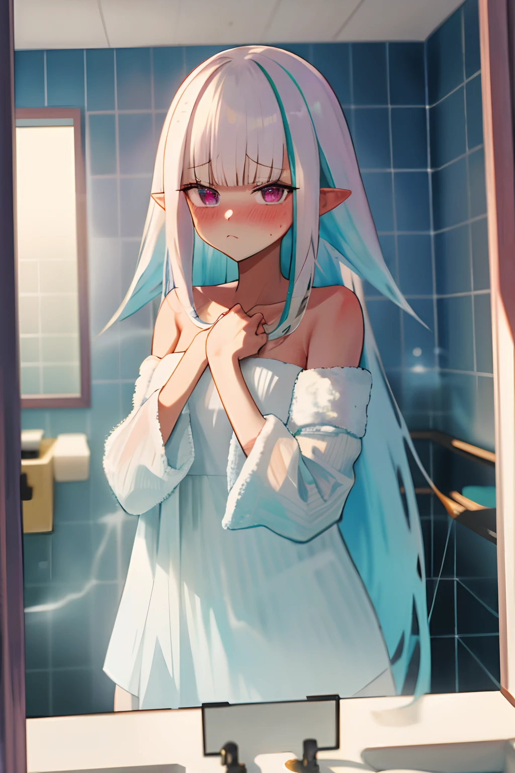 One girl with long hair, white hair, looking at viewer, embarrassed, blushing, :/, pointy ears, bathroom, bathub, inside bathub, bathe, naked
