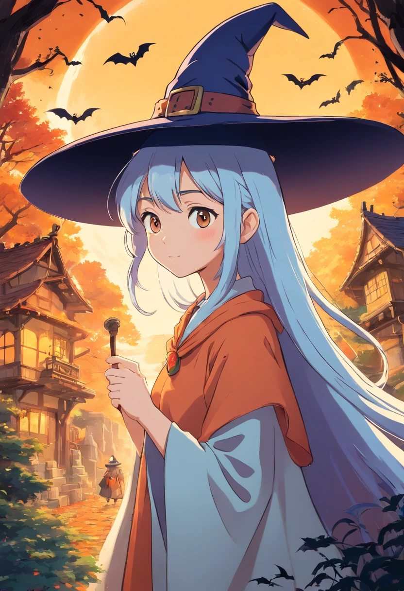 High quality design vector style image, Estilo de estampado de camiseta, graphic art white background of a witch Halloween style, Colores brillantes y realistas, Bruja de estilo antiguo con un sombrero puntiagudo, nariz con una verruga y un gato ????? a su lado, Fantastic Halloween style setting