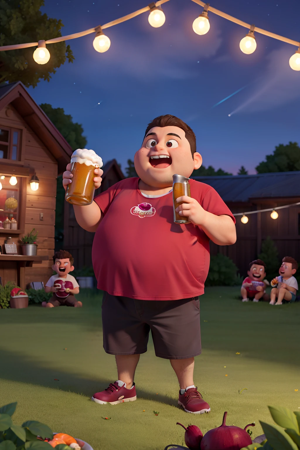 masterpiece, high quality best quality,1 fat boy, beet, feeling sick, grilling, day, holding a beer, boys around him, night, backyard, sky, stars