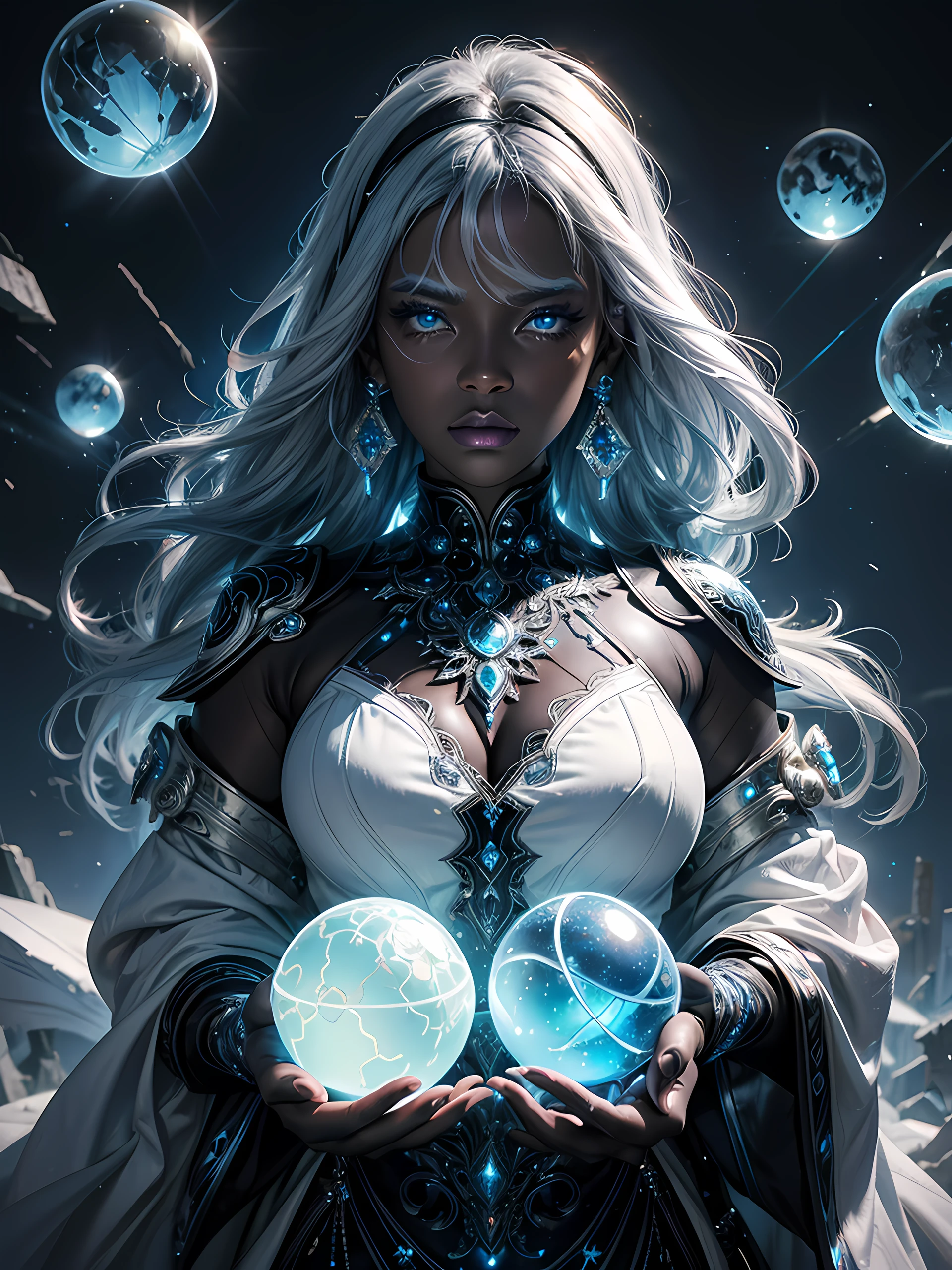 Top quality, Photorealistic, 8K, High Definition, Unity 8K wallpaper, high res, ultra sharp, masterpiece, ((masterpiece)), best quality, expressive eyes, perfect face, Super eyes, masterpiece, highly detailed exquisite character art, epic fantasy digital art style, detailed digital 3D fantasy art, ultra-realistic, female goddess of glass, shattered glass, intricate design, neon iridescent clothing, plastic, neon glitter, confetti, (black skin), black complexion, dark complexion, dark skin, neon blue eyes, white hair with light blue highlights, white lipstick, glass ball, glass orb, blue earrings, deity, neon lights, glass particles, white eyelashes,
