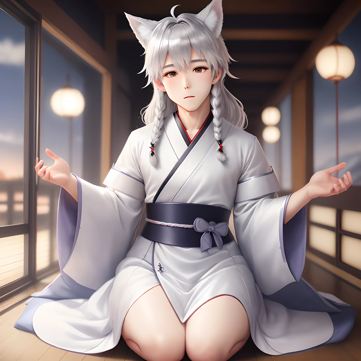 a high school boy animesque Silver fox ears Japanese dress