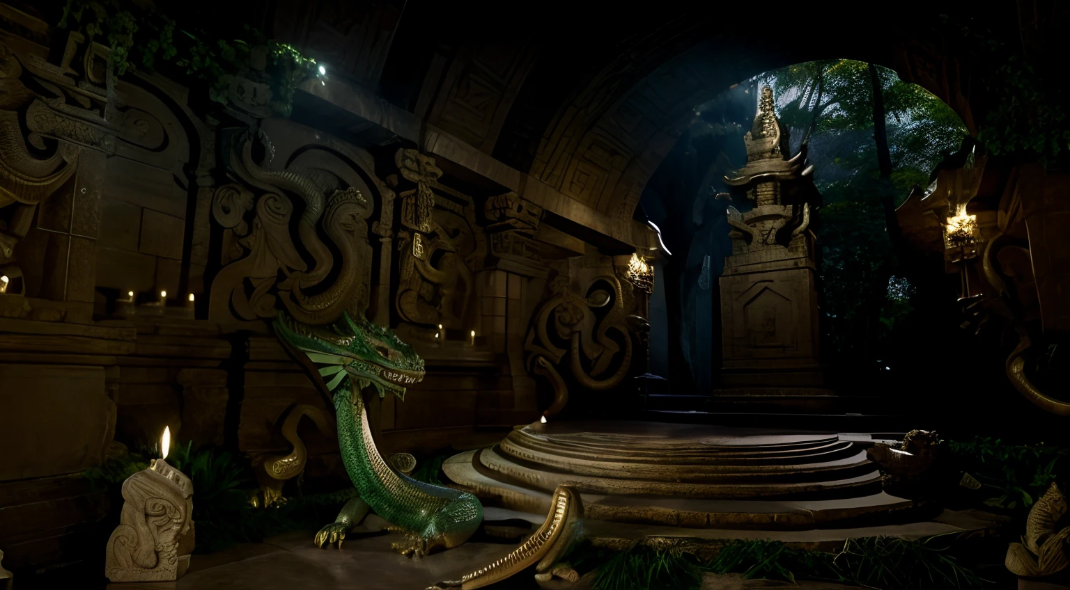 Temple of the Dragon God, Central statue with reptilian features, ornamentos de serpentes e cobras, Statue has the face of a dragon